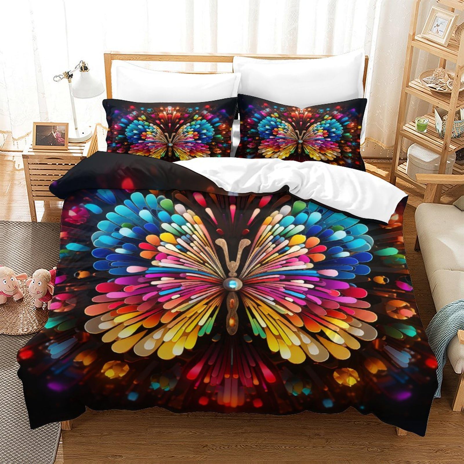 Housse de couette papillon 140x200 cm avec 2 taies d'oreiller zippées
