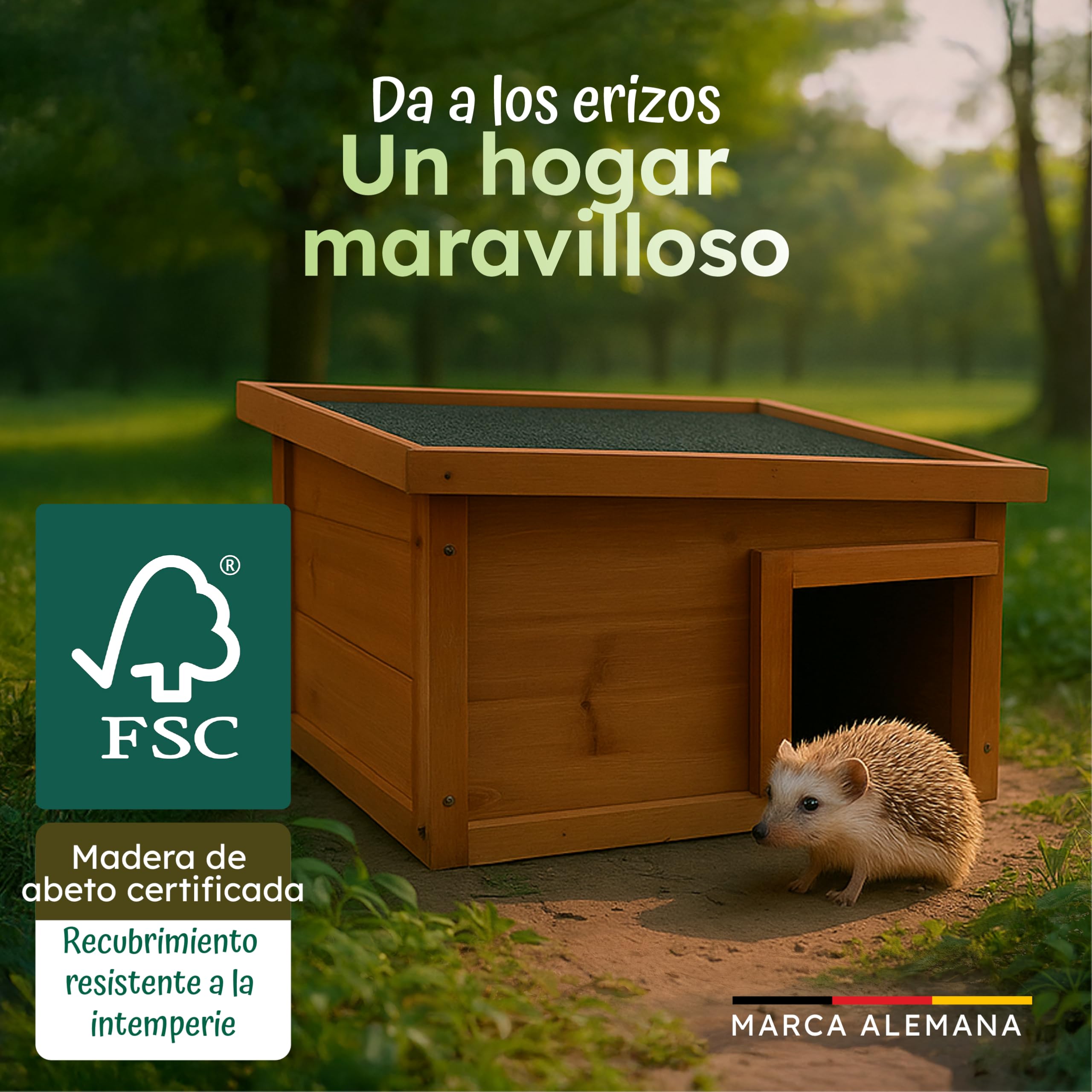 Moorland Casa de hibernación para erizos – Refugio de Invierno en Madera FSC 40×34 cm, Entrada laberíntica ventilada, Base, Techo extraíble, Resistente a la Intemperie para jardín