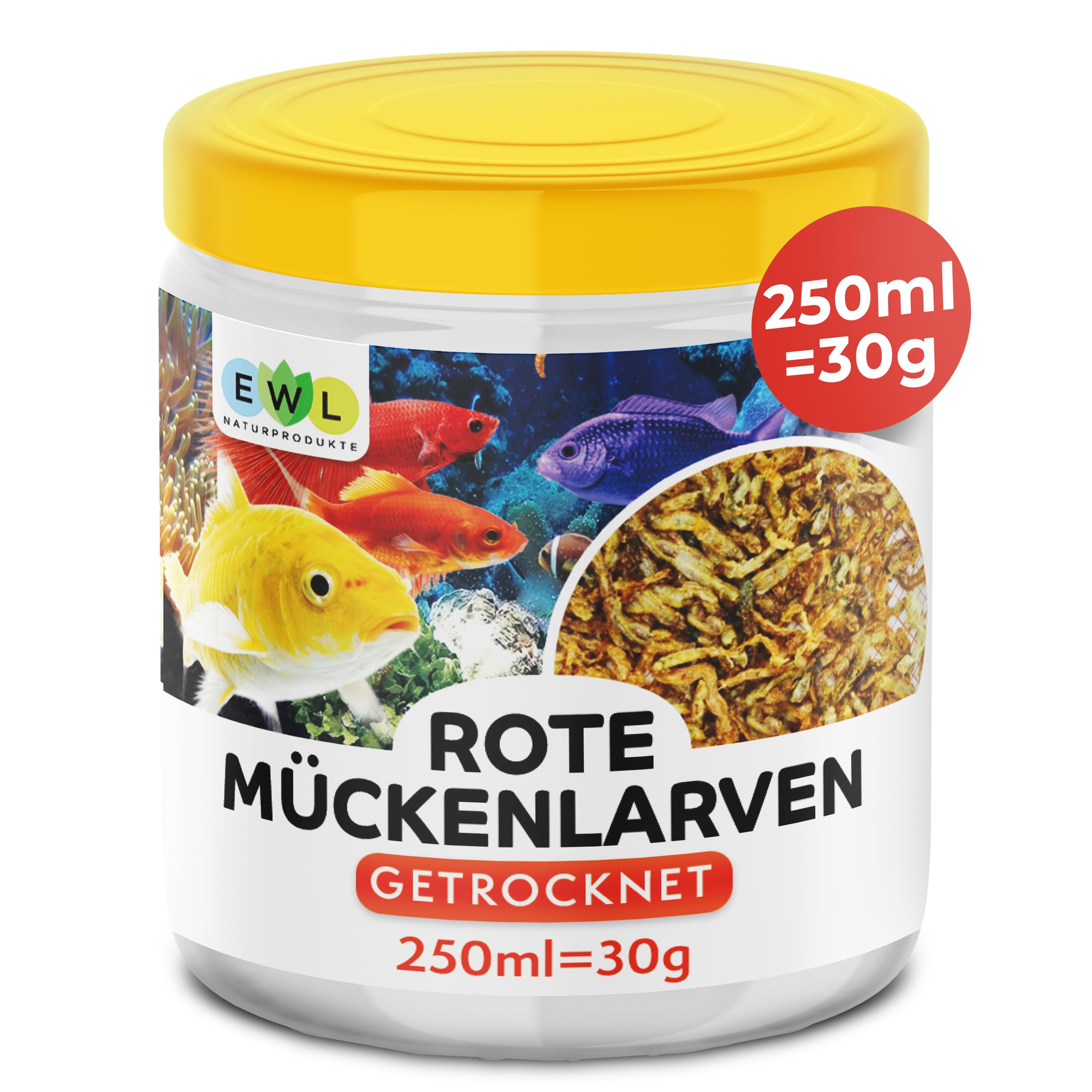 Larvas de mosquito rojas, 250 ml (30 g) para larvas de mosquitos, alimento para peces, acuario, calidad probada por proveedor alemán EWL