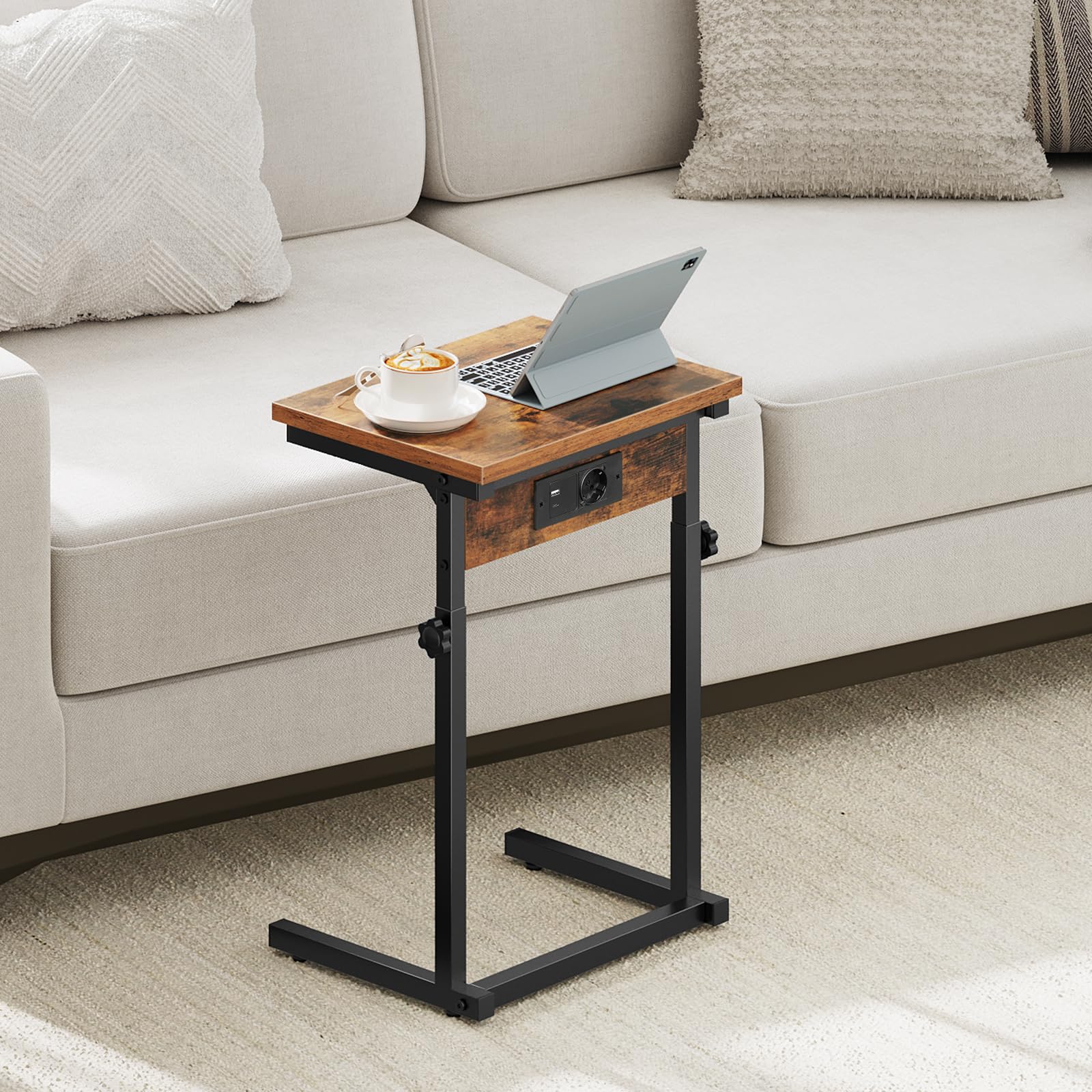 HOOBRO C-Form Beistelltisch mit Ladestation, höhenverstellbarer Beistelltisch mit Steckdose, Sofatisch, Couchtisch für Wohnzimmer, Schlafzimmer, Arbeitszimmer, Vintagebraun und Schwarz EBF71CSF01