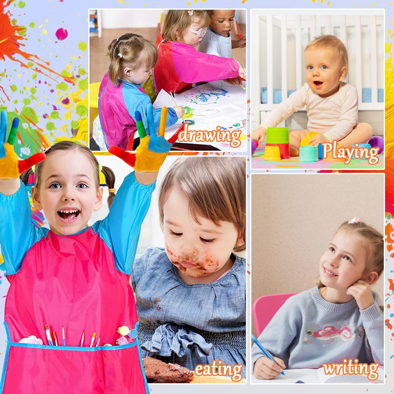 Zkptops 18 Pack Kids Art Smocks Waterproof Kid Painting Aprons Toddler Art Smock Kids Paint Smock with Long Sleeve 3 Roomy Pockets for Age 3-7 Years