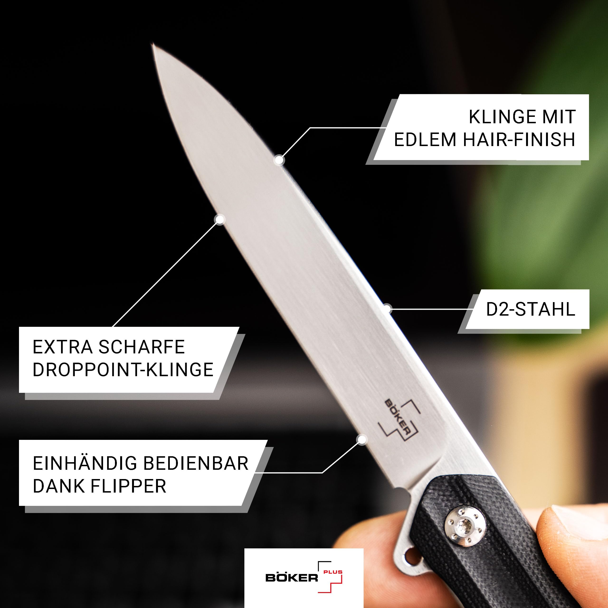 BÖKER PLUS® Kyoto - klappbares Gentleman Taschenmesser mit Clip - Flipper Einhandmesser mit D2 Droppoint Klinge - schmales Klappmesser mit G10 Griff schwarz im Japan Stil mit Etui