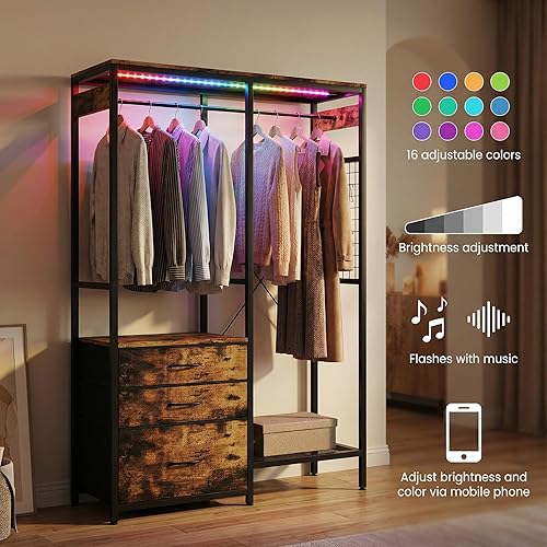 Miniatura 6 de Perchero resistente con cajones y luz LED, perchero con estantes, organizador de armario independiente con 8 ganchos para dormitorio/lavandería