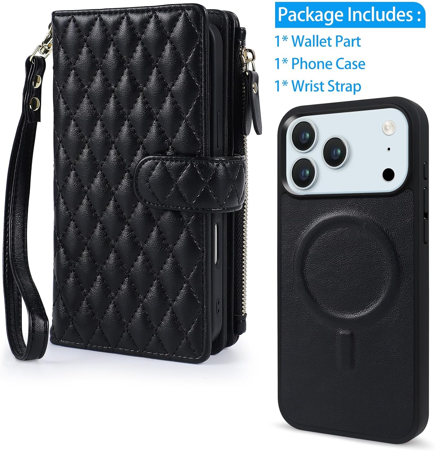 Harryshell 2 in 1 for iPhone 17 Pro Max Wallet Case Magnetic Compatible with Magsafe RFID Blocking Card Holder Detachable Phone Cover Zipper Purse Kickstand Wrist Strap for Men Women Quilted Black