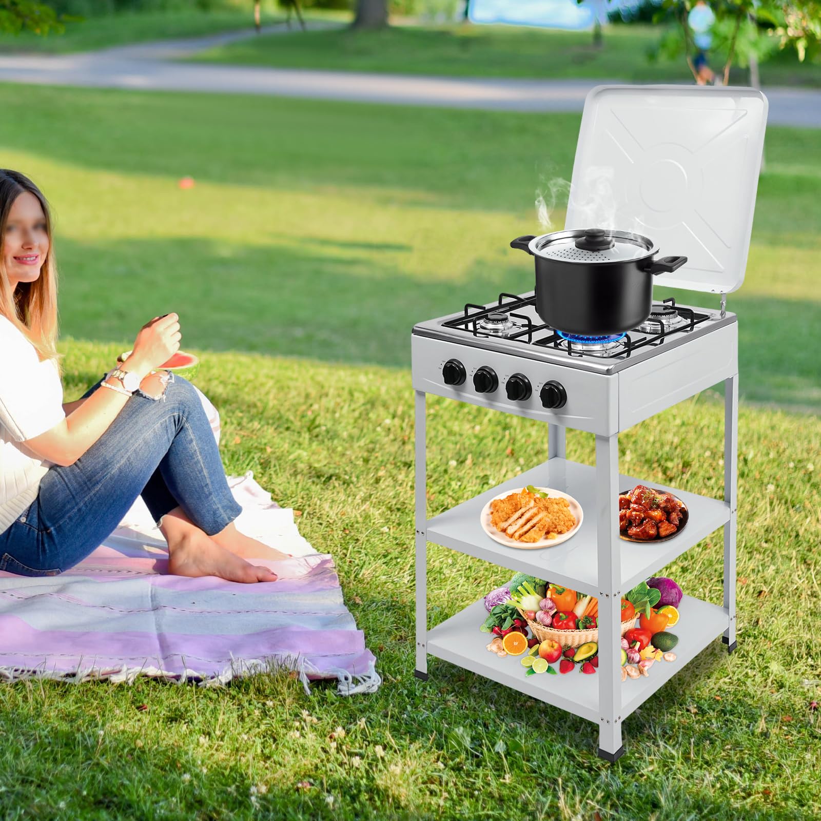 Cocina de gas de 4 fuegos, placa de gas para propano y gas natural, 49 x 49 cm, cocina de gas independiente con estante, cocina exterior y hogar, blanco con protección contra el viento, encendido