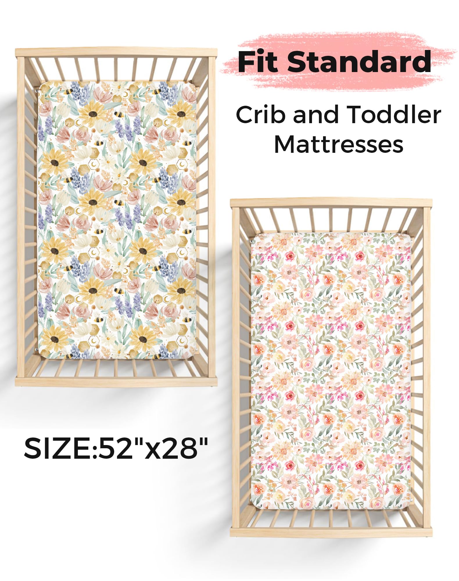 Sábanas para cuna para niños y niñas, paquete de 2 sábanas bajeras de punto jersey para colchón estándar de niños pequeños de 28 x 52 pulgadas, ropa de cama de bebé suave y transpirable (09-flor)