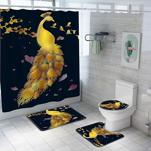 Planially Juego de 4 cortinas de ducha de pavo real, juego de baño con cortina de ducha, alfombra de tapa de inodoro, tapete de contorno y tapete de