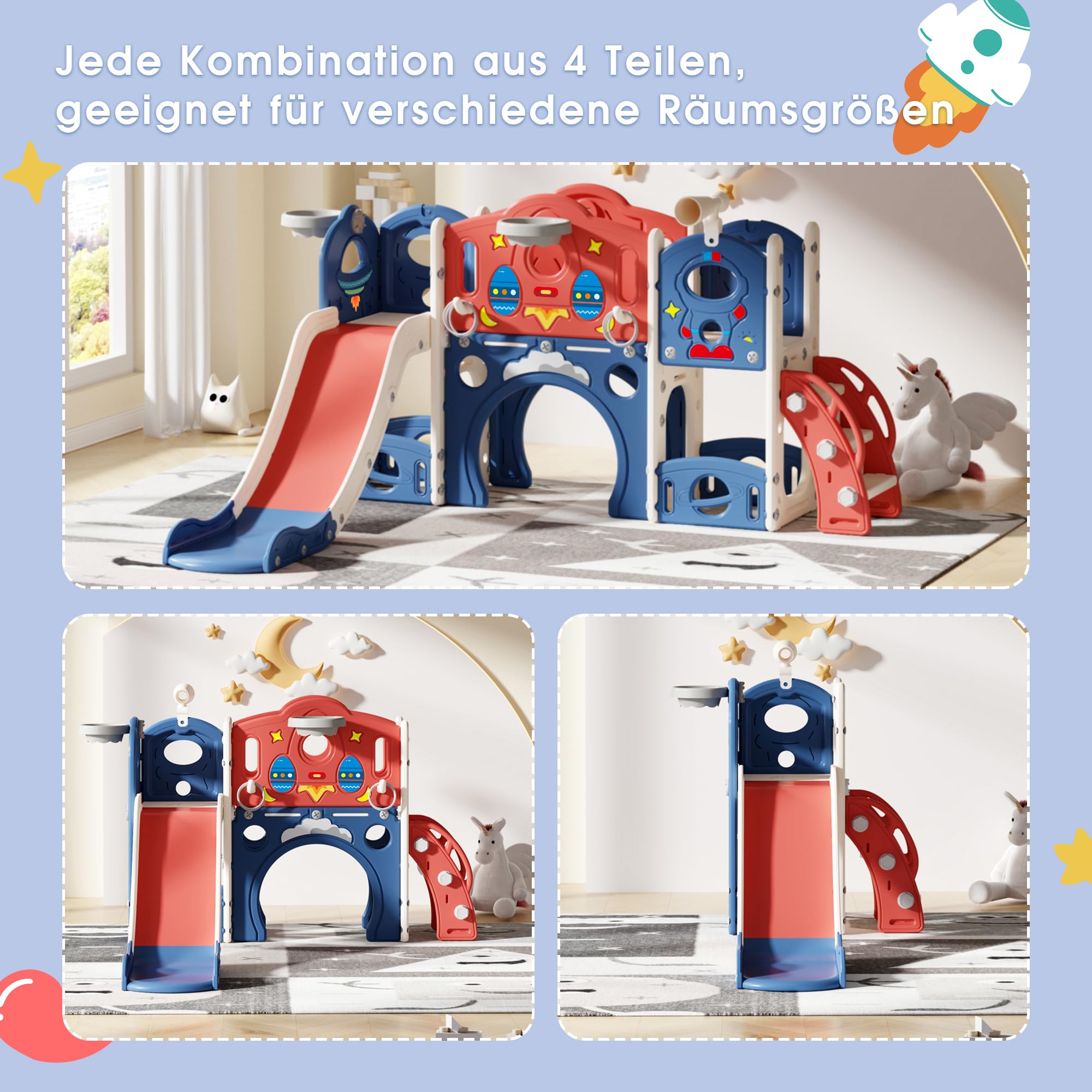 9 in 1 Kleinkind Rutsche, Indoor & Outdoor Rutsche mit Basketball Korb und Teleskop, Tunnel, Abstellraum, Geeignet für Kinder Rutsche 3+ zu Spielen