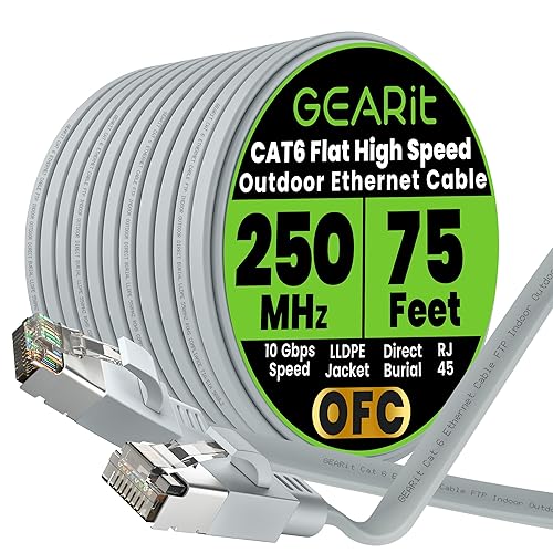 Miniatura 39 de GEARit Cable Ethernet plano Cat 6 para exteriores (30 pies, negro) Chaqueta LLDPE clasificada para entierro directo – Cat6 blindado FTP 10Gbps