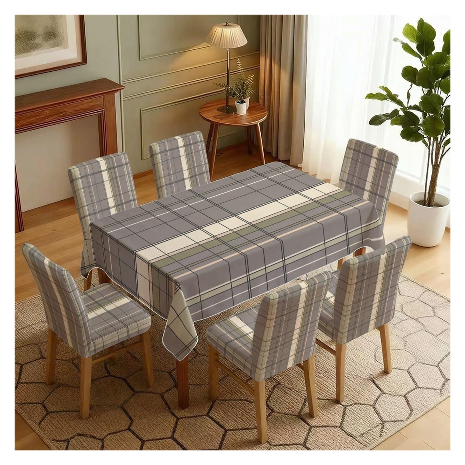 BOSUYBN Classic Grey Tartan Plaid Dining Chair Covers & Tablecloth Set, 5/7 Piece Neutral Check Slipcovers For Modern Farmhouse Home Decor Table Setting(7pcs Set: Tablecloth+Chair Covers)