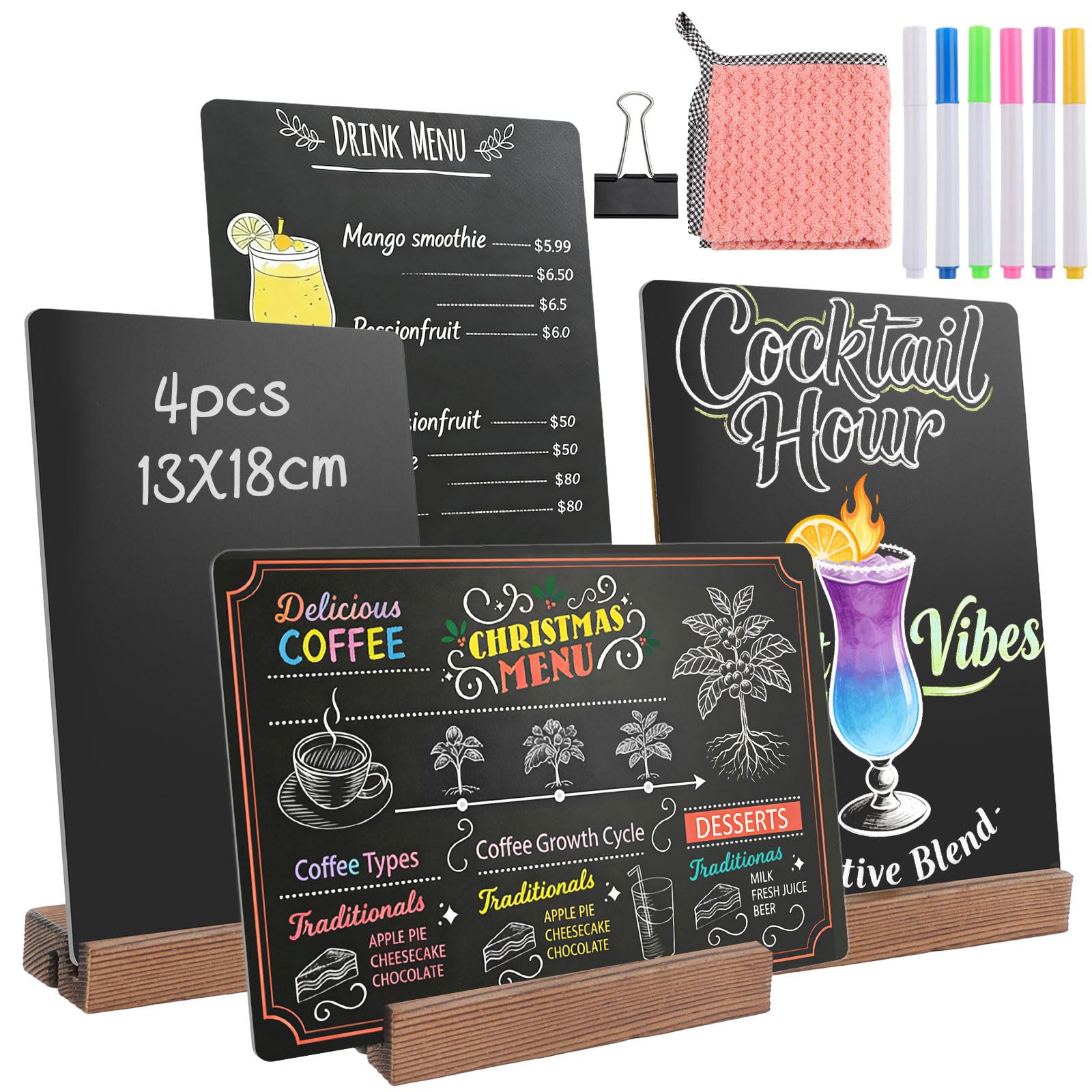 SneiDr 4 Small Wooden Chalk Boards 13x18cm Tabletop Blackboard with Stands 6 Chalk Board Pens 1 Cloth 1 Clip Double Sided Board for Wedding Party Cafe Bar Restaurant Buffet Kitchen Office Street Stall