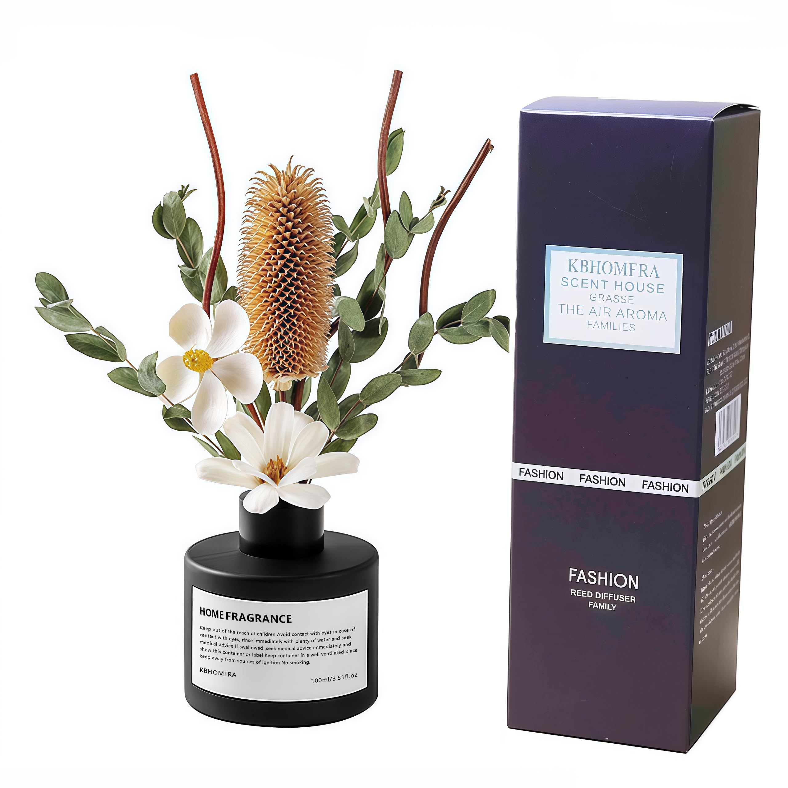 KBHOMFRA Reed Diffuser Set with Dried Flowers, 3.38fl.oz Fragrance Diffuser with Sticks, Scented Sticks Aroma Diffuser, Home & Office Décor for Air Fresheners, Bathroom (Pure White Gardenia)