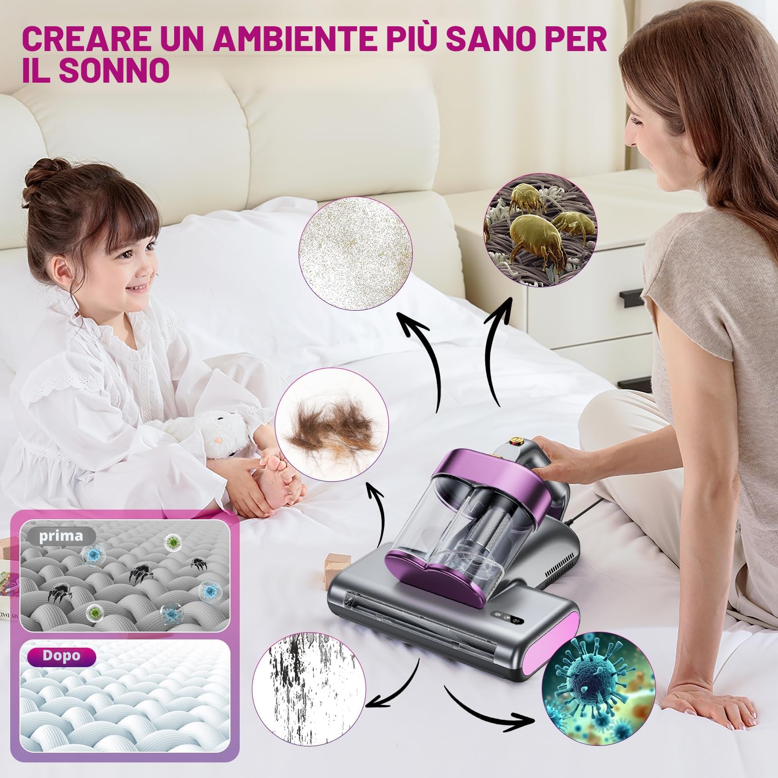 Battimaterasso Aspiratore per Materassi con Luce UV,500W 16kpa Aspirapolvere per Materassi con Riscaldamento Aspira Materasso Antiacaro Rimuove il 99,9% Degli Allergeni