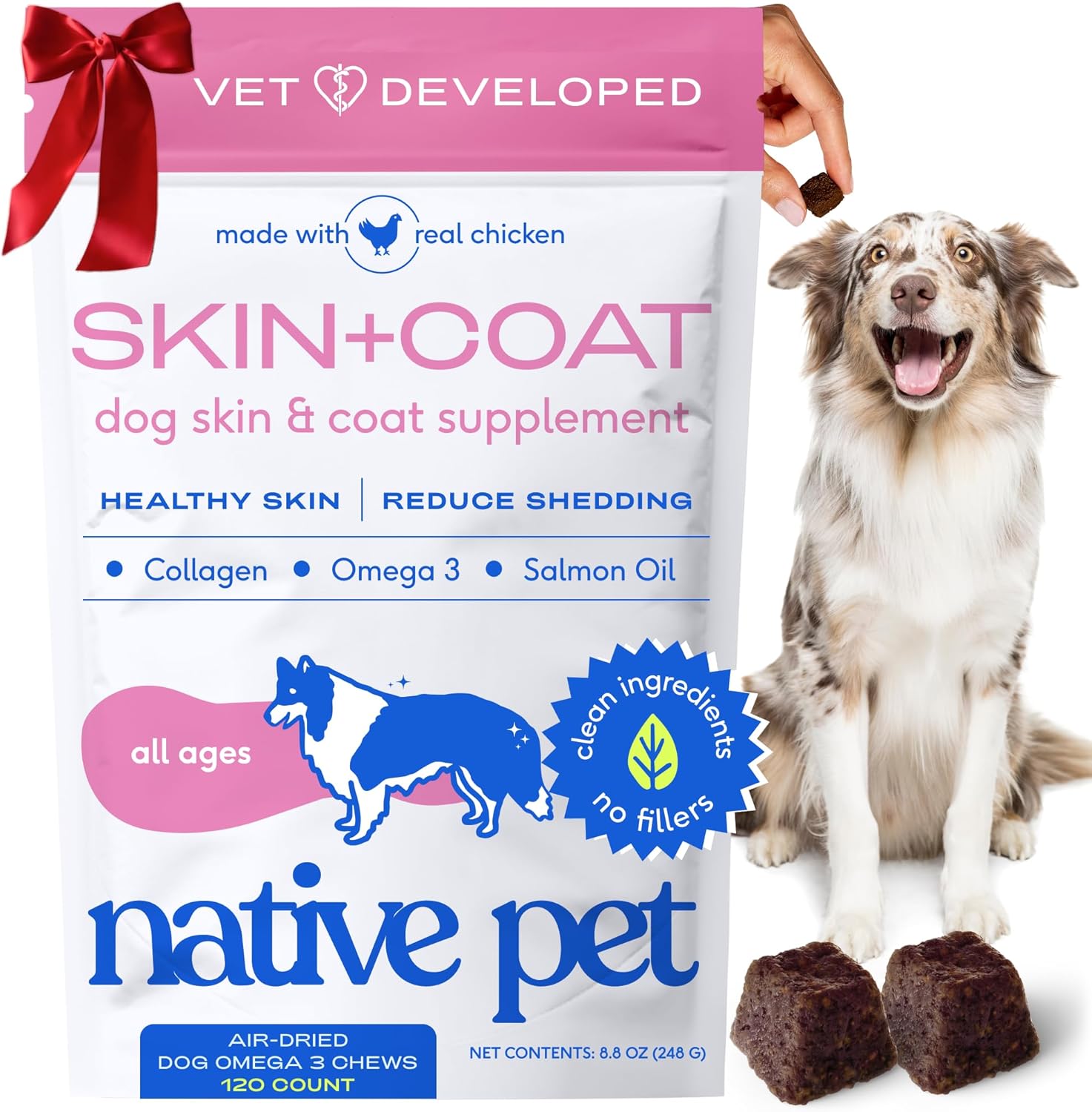 Native Pet Omega Skin and Coat Chews for Dogs - Dog Skin and Coat Supplement for Healthy, Shiny Fur, Reduce Shedding and Dry Spots - Made with Omega 3 Fish Oil and Wild-Caught Salmon Oil - 120 Chews