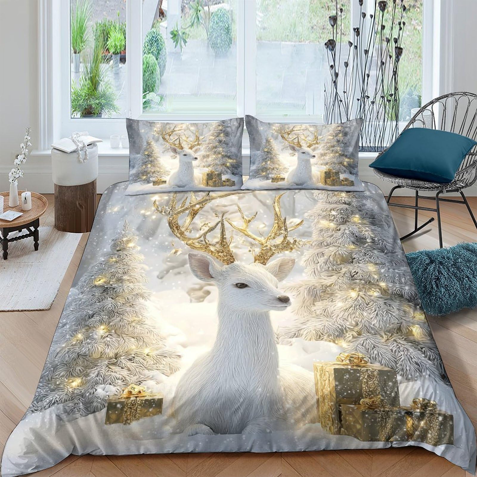 Ctjqhvkz Style-5 3D Printed Forest Deer Fitted Sheet Microfiber Soft Gold Antlers Mattress Cover Bedroom Decor Anti-Slip Washable Single（135X200cm）
