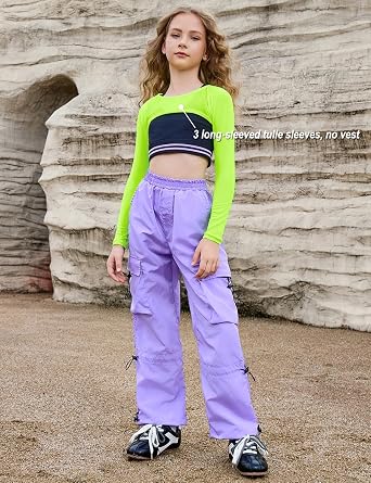 Perfashion ガールズ メッシュ クロップトップ 3パック 長袖シャツ ティーン用 トレンディなヒップホップダンス衣装 4-13歳