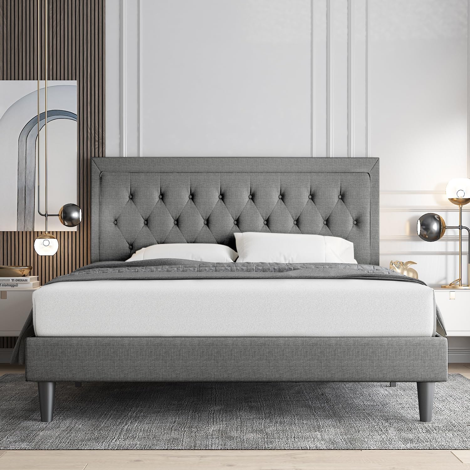 Allewie Full Size Upholstered Platform Bed Frame with Adjustable Headboard, Button Tufted, Wood Slat Support, Easy Assembly, Light Grey