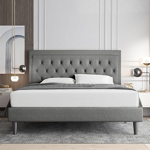 Miniatura 38 de Allewie - Base de cama copetuda, tamaño Matrimonial, con plataforma, tapizado de tela, con botones y cabecera ajustable, soporte con rejilla de Gris
