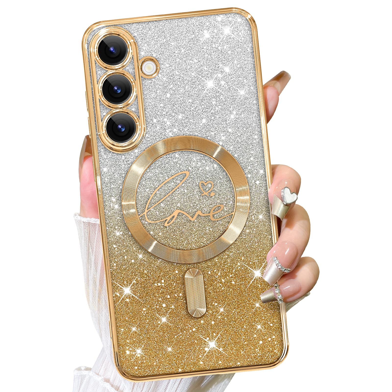 Fiyart Designed for Samsung Galaxy S25 Case,Compatible with MagSafe Love Heart Plating Camera Protection Clear Glitter Magnetic for Women Girls