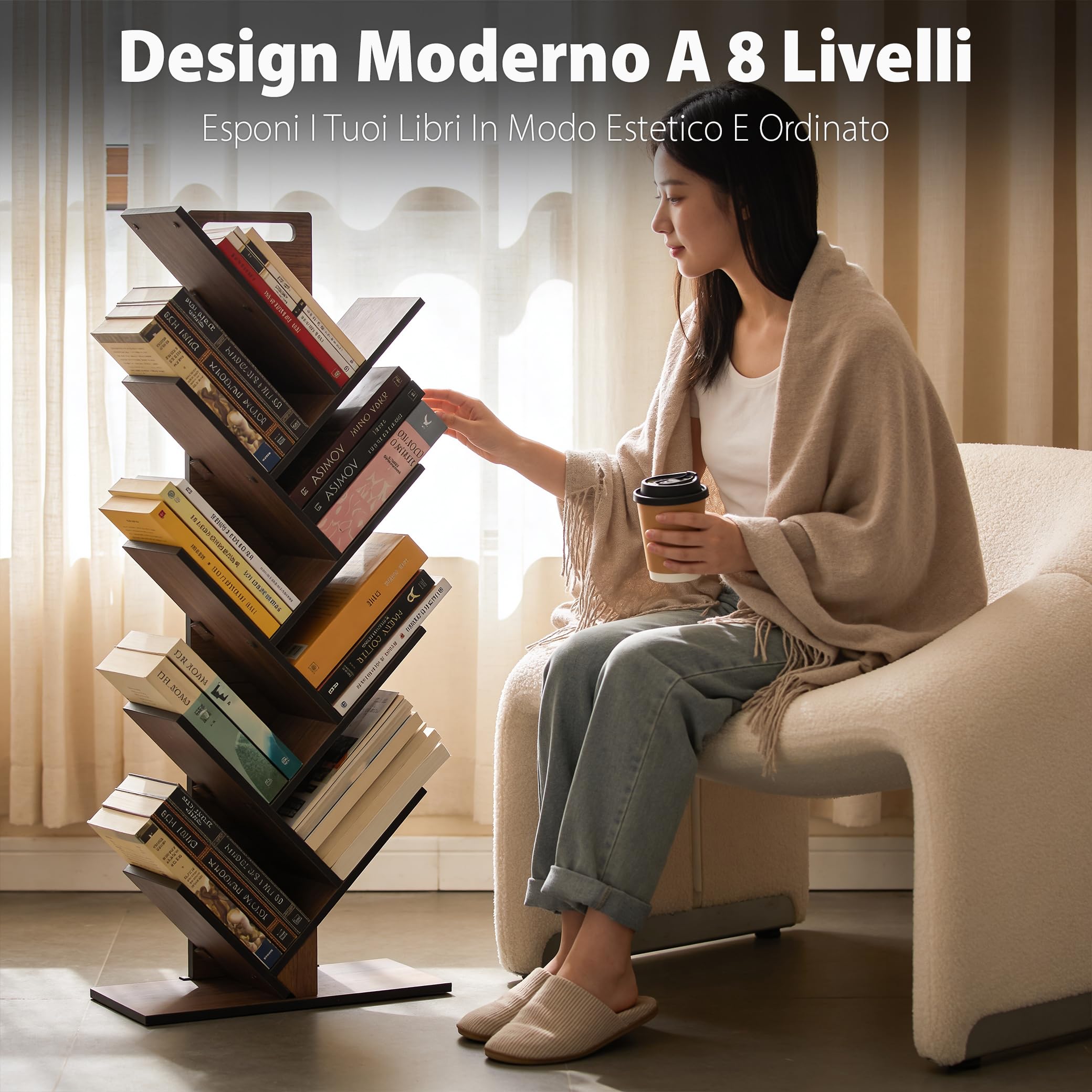 Vigo Wood Libreria ad Albero Geometrica a 8 Livelli, Scaffale Decorativo Multiuso per Casa e Ufficio, Grande (Noce)