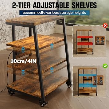 HIFI Stand with Power Strips, Adjustable Shelf, LED Lights, Wheels