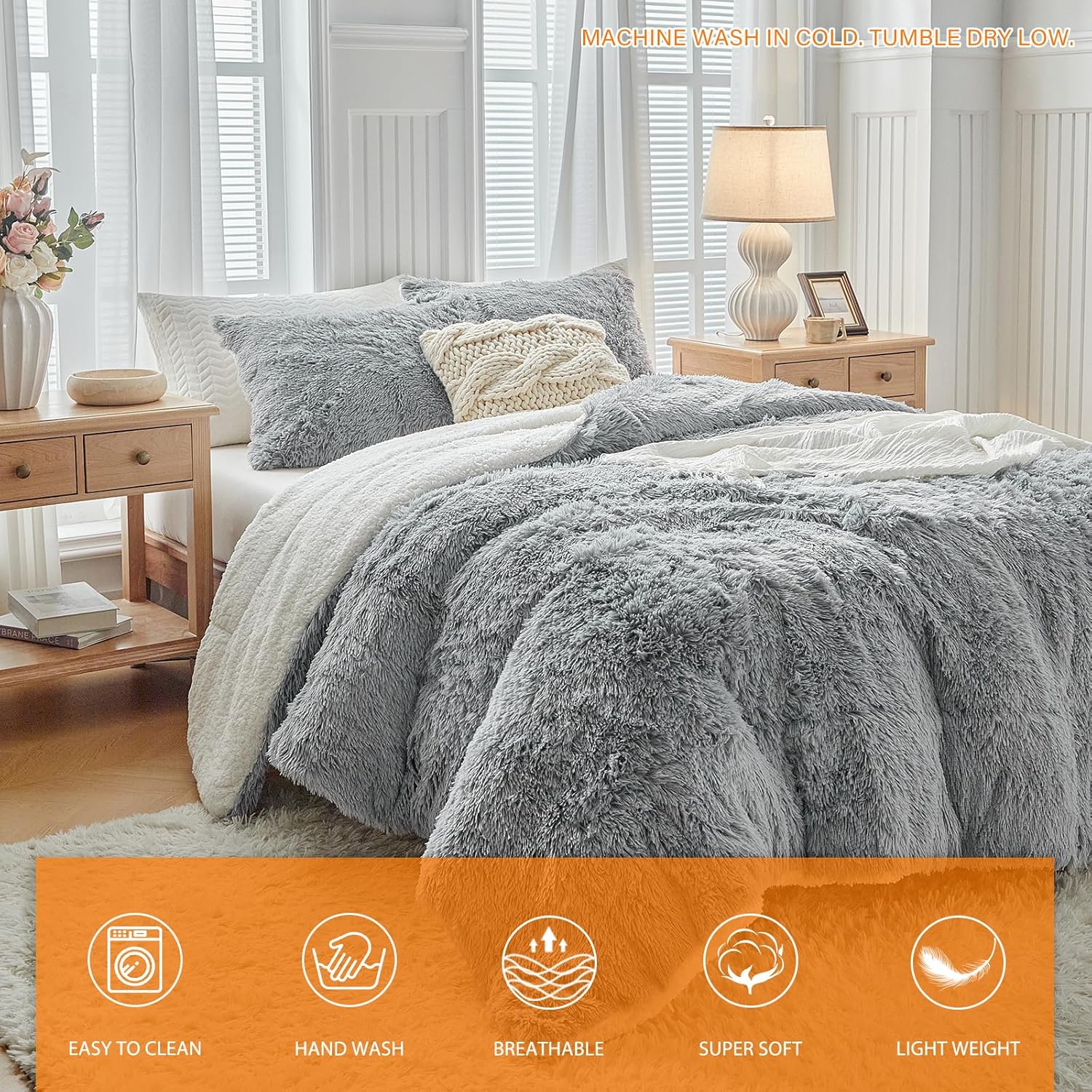Gray Faux Fur Comforter Set Full / Queen 3 Pieces - 1 Shaggy Comforter 90x90 and 2 Fur Pillowcases, Ultra Soft and Easy Care Sherpa Luxury Plush Super Warm Winter Shaggy Bedding Set - Image 8