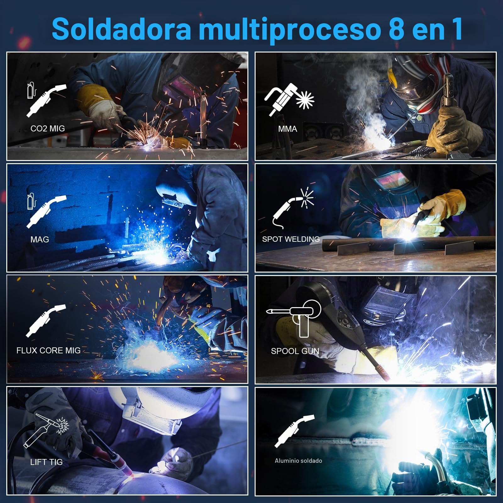 Reboot Soldador MIG de 250 amperios, 120 V/240 V RBM2500 PRO, máquina de soldadura multiproceso 8 en 1 con modos de soldadura de aluminio duales, núcleo de flujo sin gas, MAG/Lift TIG/Stick/Spot/Spool