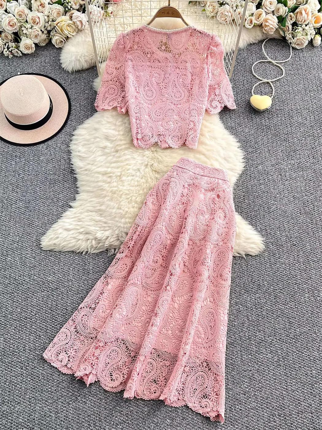 Conjunto de falda de dos piezas con bordado de perlas de verano para mujer, falda midi de manga corta con encaje