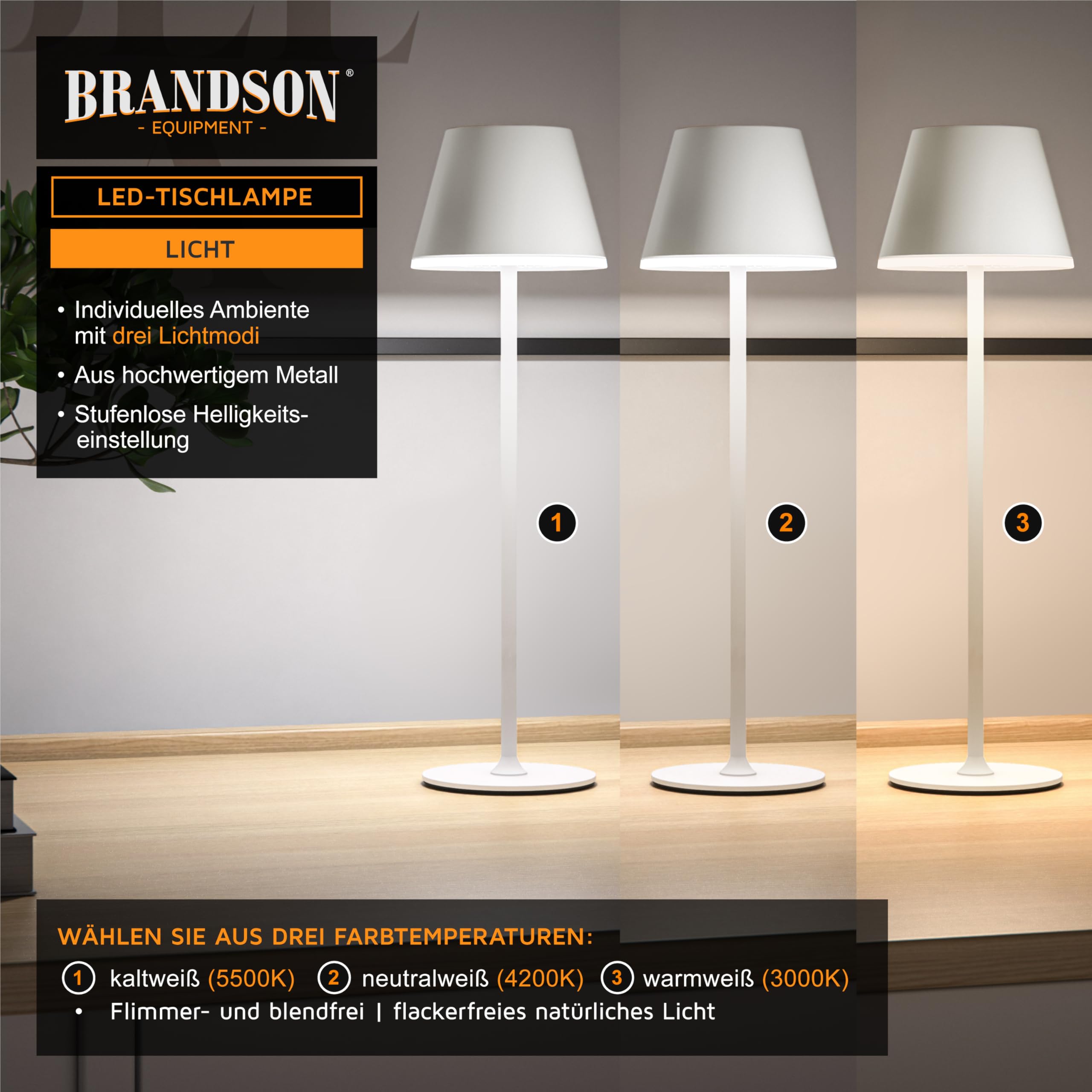 Brandson - 3 x LED Tischlampe kabellos dimmbar - mit Akku aufladbar - 3 Farbstufen - warmweiß neutralweiß kaltweiß - Metall - - Tischleuchte - Nachttischlampe - Leselampe - Indoor/Outdoor - anthrazit