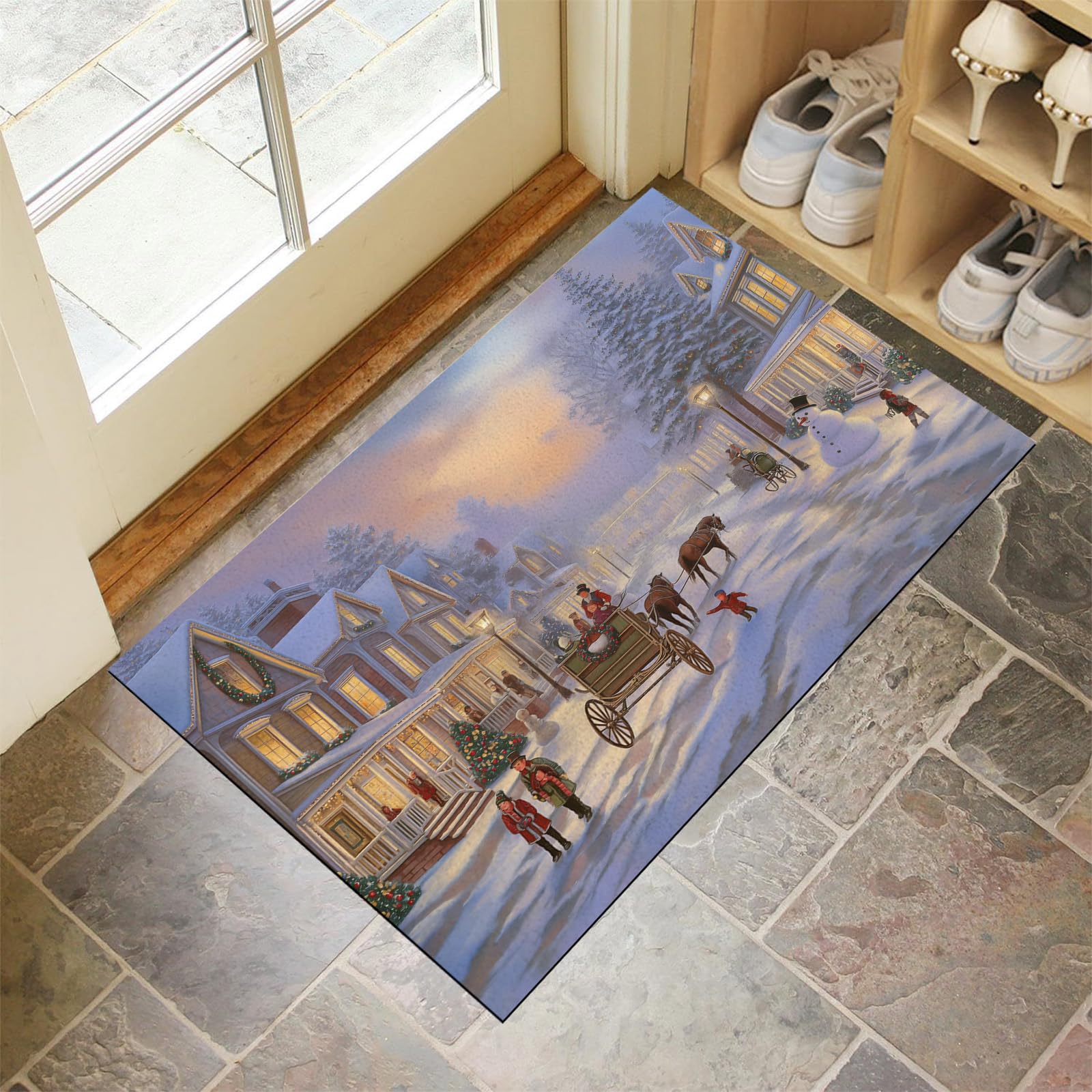 Felpudo De Entrada De Bienvenida - Felpudo Para Dormitorio De Cocina Interior, Diseño De Escena De Nieve Navideña Para El Hogar, Atrapa La Suciedad, Alfombra De Baño Antideslizante, Felpudo De Go