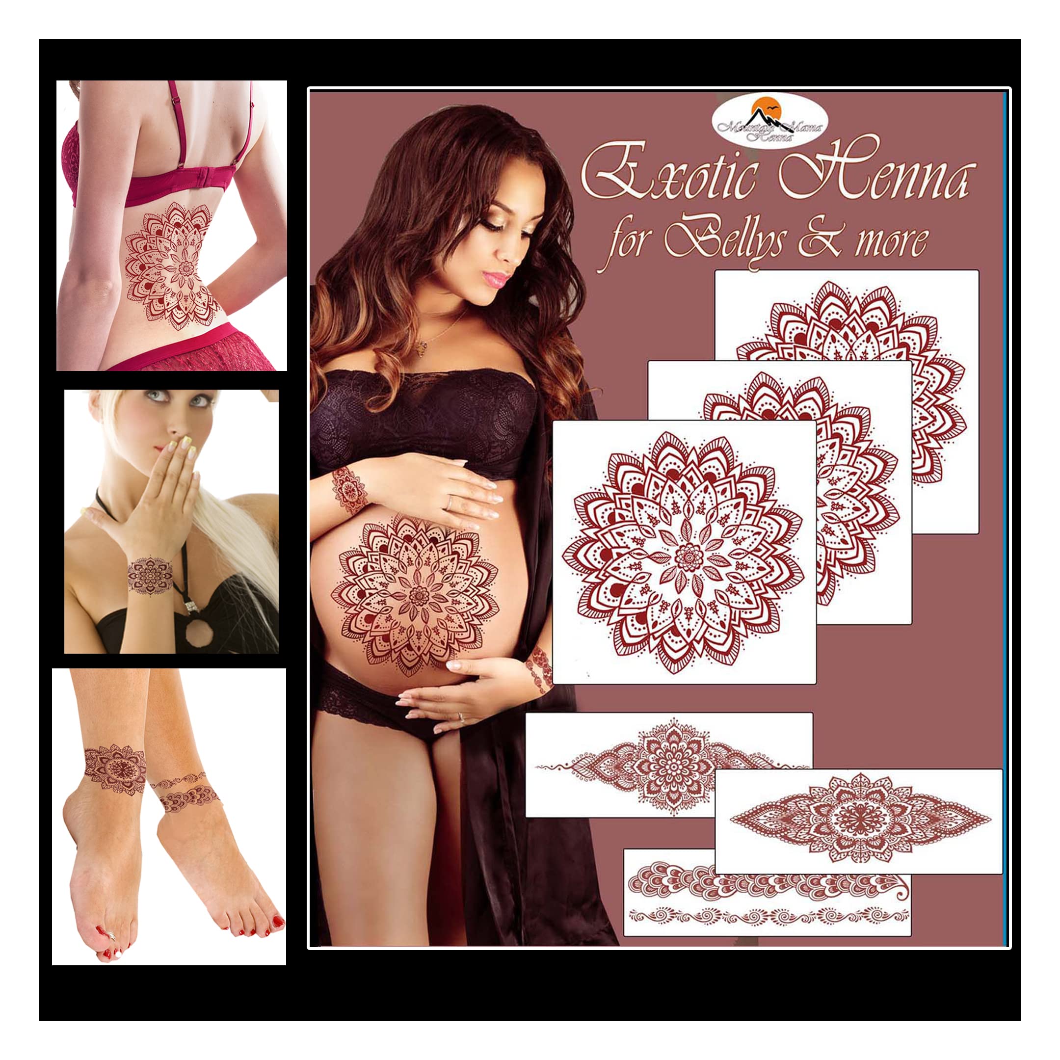 Temporary Tattoo for Women Sexy Pregnancy Waterproof Henna for Baby Bump Belly. Fake Realistic Classy Elegant Body Temporary Tattoos (Brown)