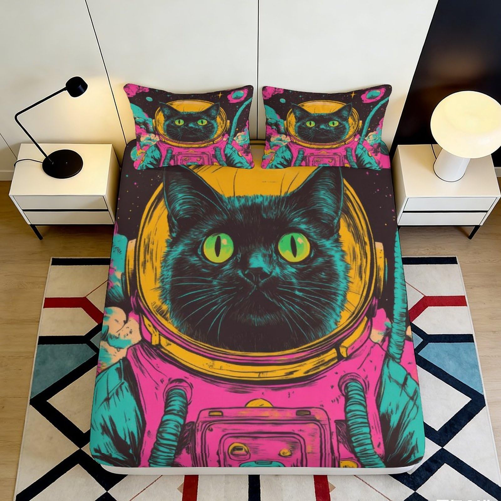 3D Printed Astronaut Cat Fitted Sheet Microfiber Colorful Space Helmet Mattress Cover for Bedroom Dorm Home Decor 90x200x25cm