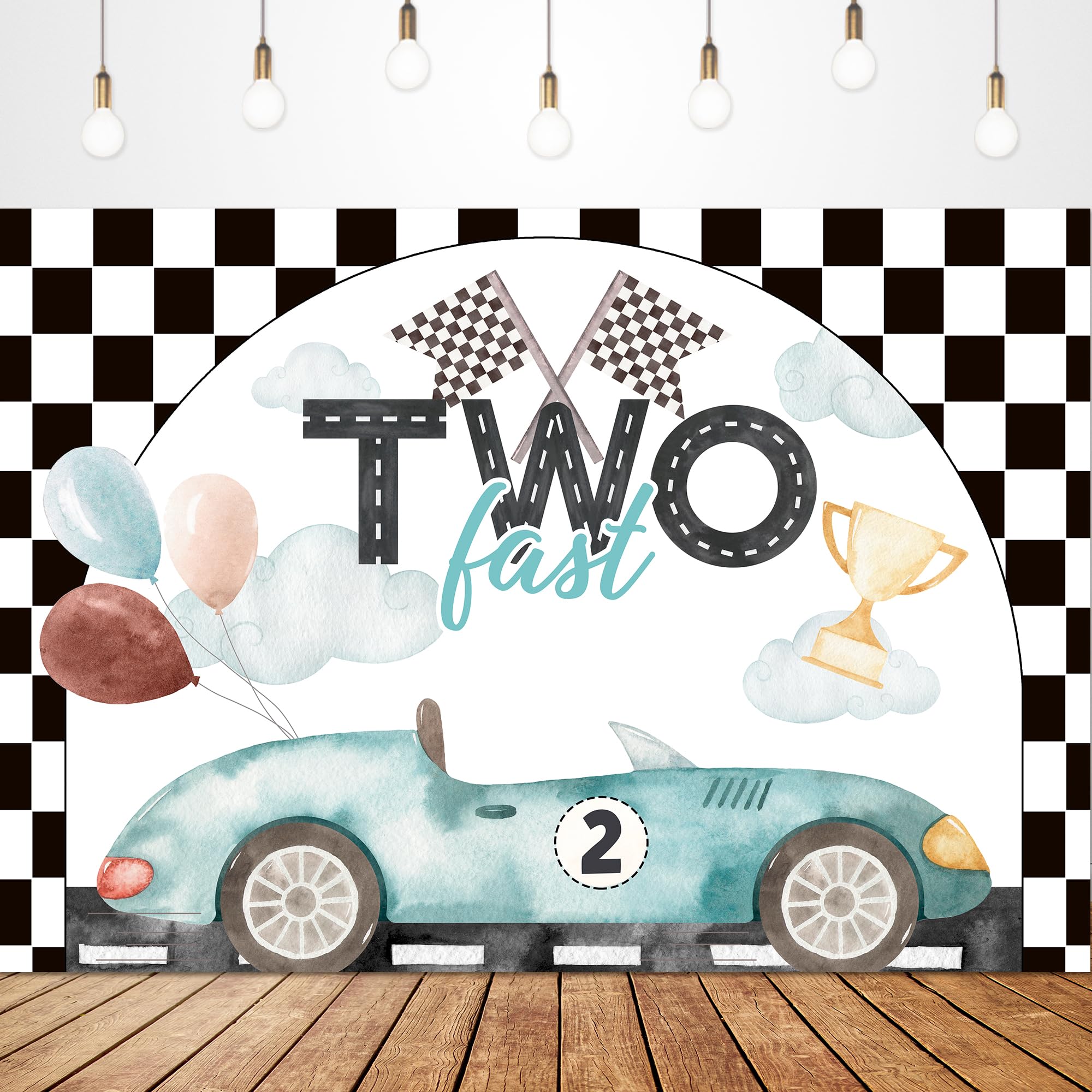 Glawry Two Fast 2nd Birthday Backdrop for Photography 7Wx5H Feet Boys Kids Racing Car Watercolor Teal Green Balloons Black White Flag Grid Party