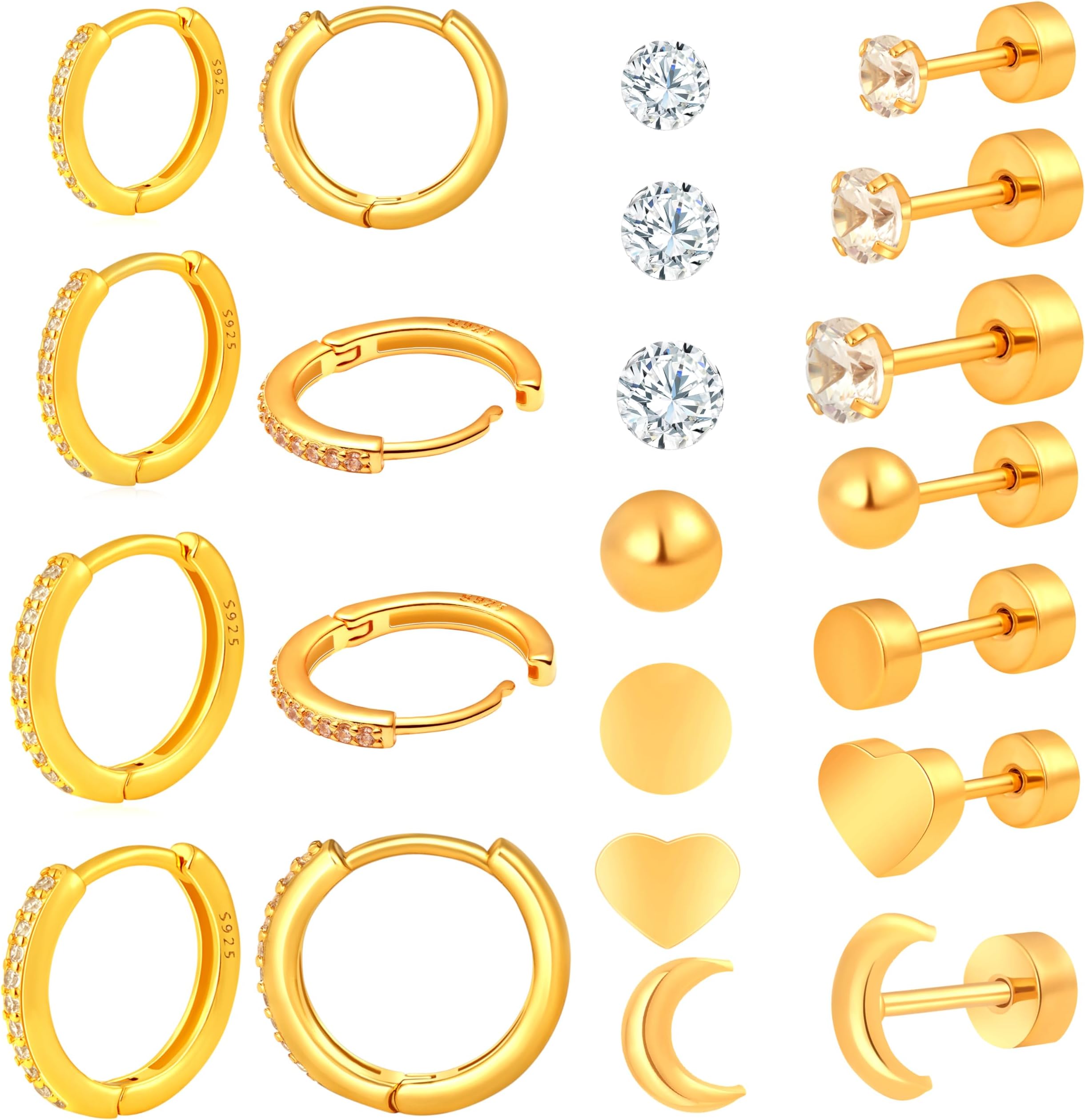 925 Sterling Silver Cartilage Helix CZ Huggie Earrings-Surgical Steel Earrings Set for Multiple Piercing Hypoallergenic,14K Gold Plated Flatback Small Hoop Stud Earrings Pack,Titanium Heart Ball Moon Dot CZ Stud Earrings for Women Men