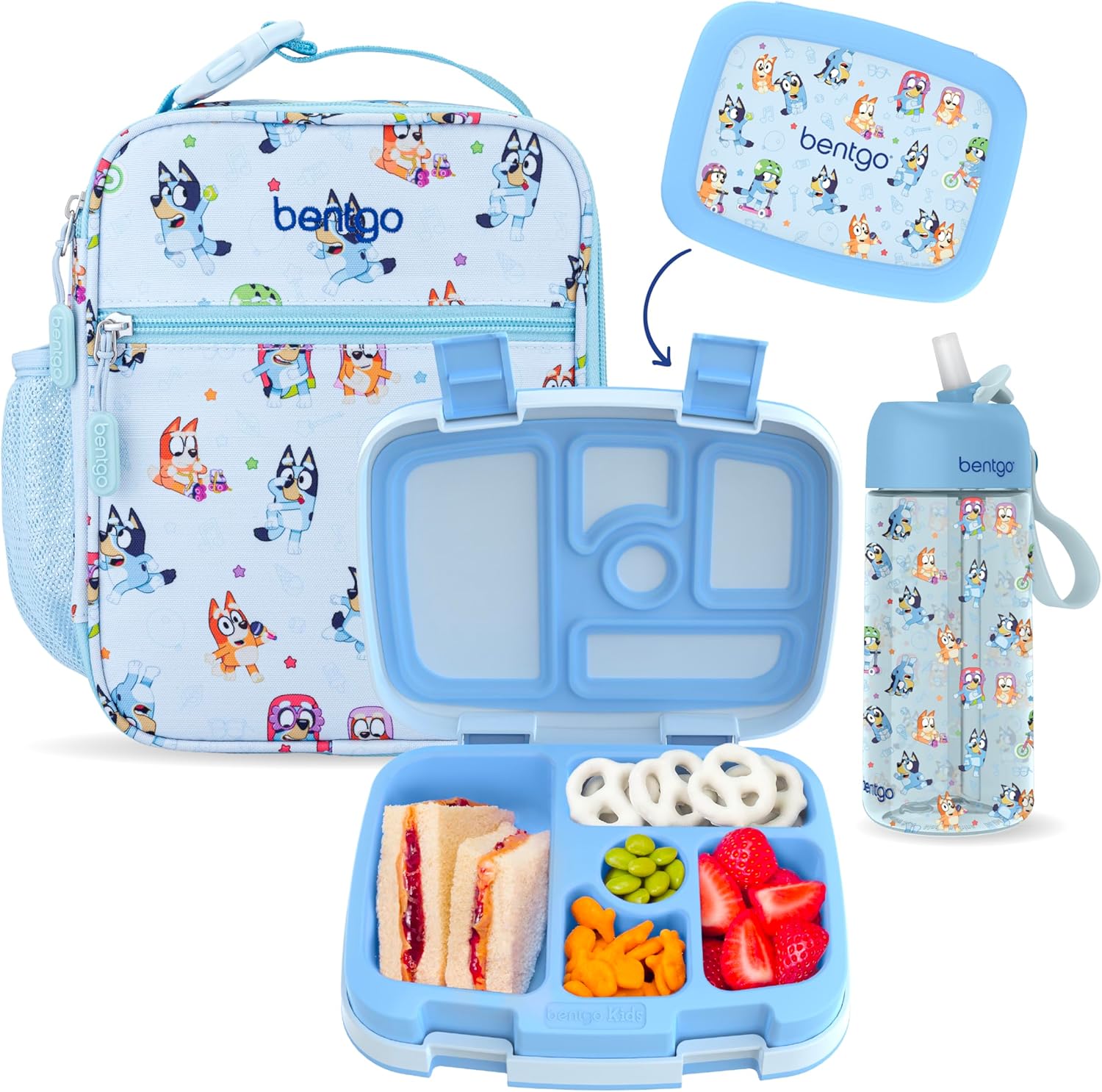 Bentgo + BLUEY 3-Piece Kids Lunch Set, Leak-Proof Bento Box | Insulated Lunch Bag, 15 fl oz Water Bottle, PFAS & BPA-Free, Ages 3+ (Play Day)