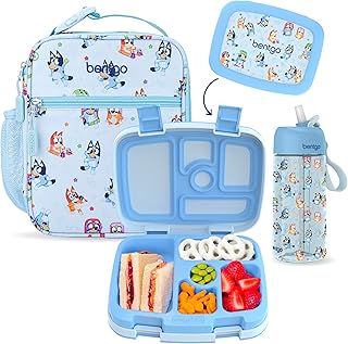 Bentgo + BLUEY 3-Piece Lunchtime Trio Set - Leak-Proof Kids Prints 5-Compartment Bento Lunch Box, Insulated Lightweight Tote Bag, & Durable Bite & Sip Water Bottle Bundle for Age 3+ (Play Day)