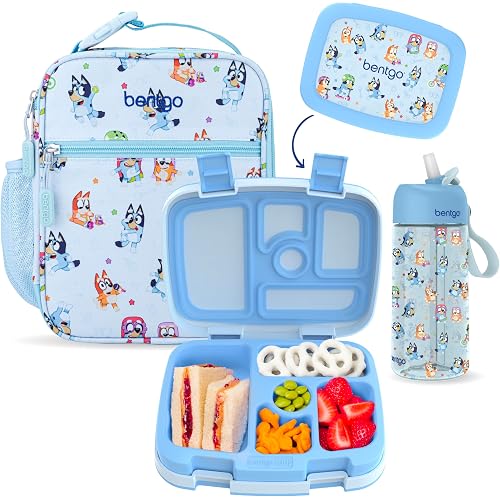 Bentgo + BLUEY 3-Piece Lunchtime Trio Set - Leak-Proof Kids Prints 5-Compartment Bento Lunch Box, Insulated Lightweight Tote Bag, & Durable Bite & Sip Water Bottle Bundle for Age 3+ (Play Day)