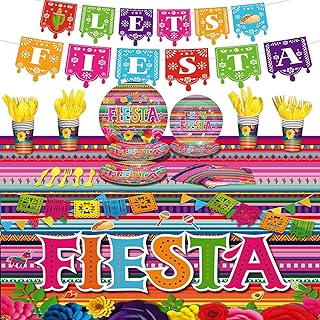 172 Pcs Mexican Themed Fiesta Party Supplies Set Serves 24, Include Fiesta Tablecloth, Let's Fiesta Banner, Mexican Plates and Napkins Tableware Set for Cinco De Mayo Mexican Taco Fiesta Party Decor