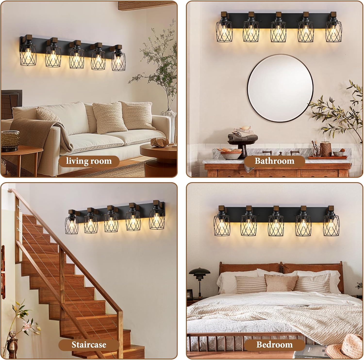 Farmhouse Bathroom Vanity Light, 5-Light Wood Bathroom Light Fixtures Over Mirror, Black Industrial Vanity Lights with Metal Shade, Rustic Bathrooms Lighting for Living Room, Bedrooms, Hallway