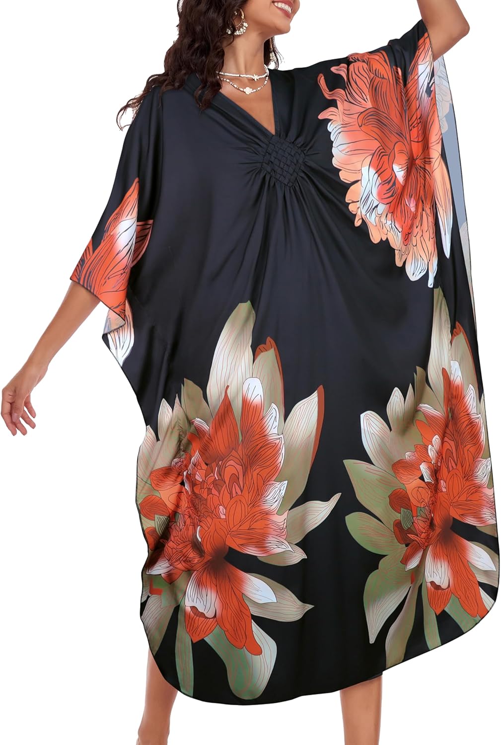 Kaftan Dresses for Women Plus Size V Neck Caftans Long Batwing Sleeve Beach Cover Ups Summer Floral Print Dress - Image 7