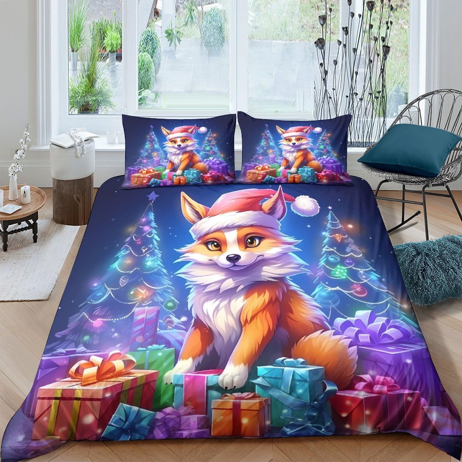 Housse de couette festive 220x240 dessin animé motif renard avec taie d'oreiller