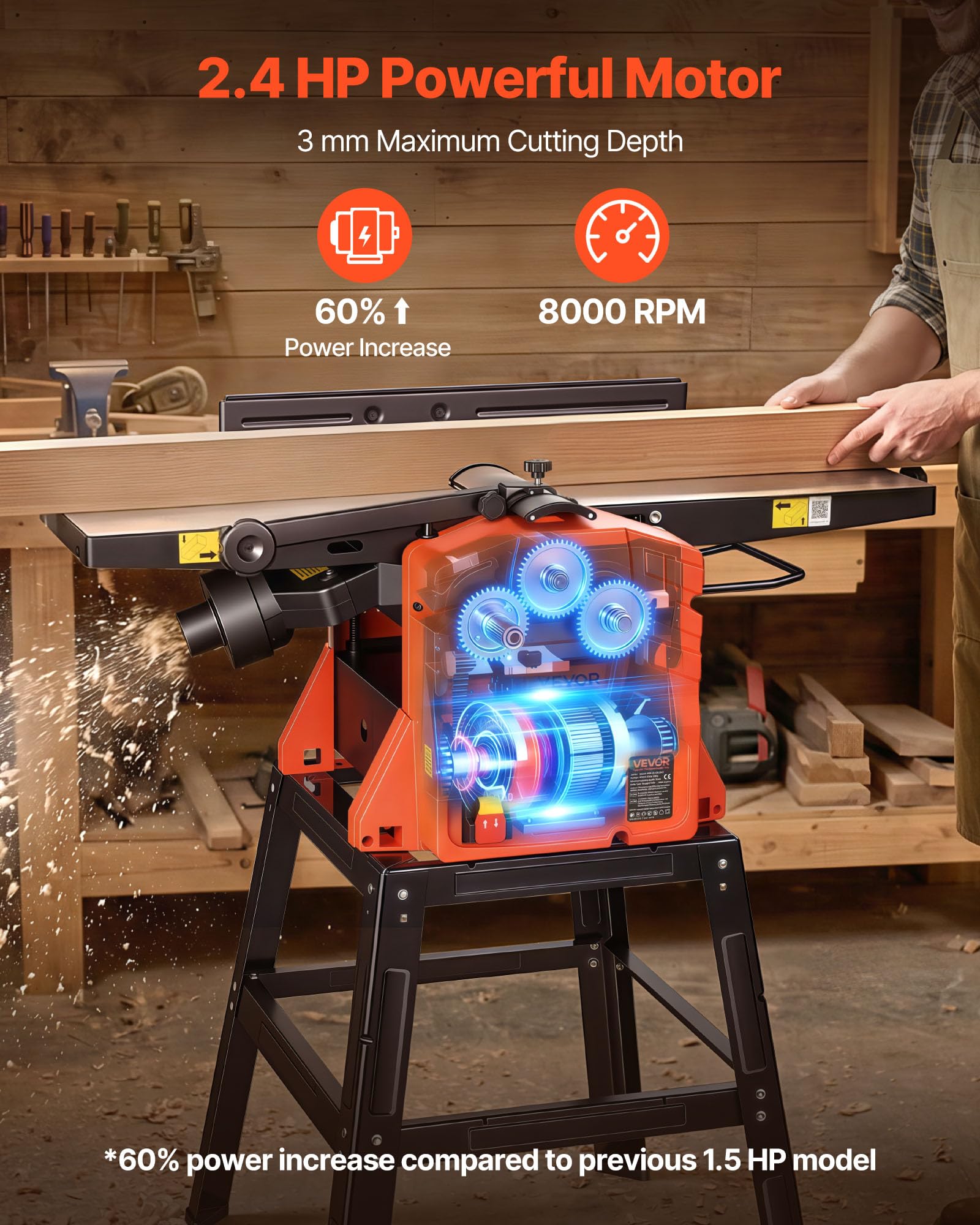 VEVOR Raboteuse Dégauchisseuse 2,4 hp Dégauchisseuse d'Établi 25,4x92,5 cm pour Bricolage Menuiserie, 8000 tr/min, avec Support, Tête de Coupe Droite à 2 Lames, Profondeur de Coupe Réglable 0-3 mm