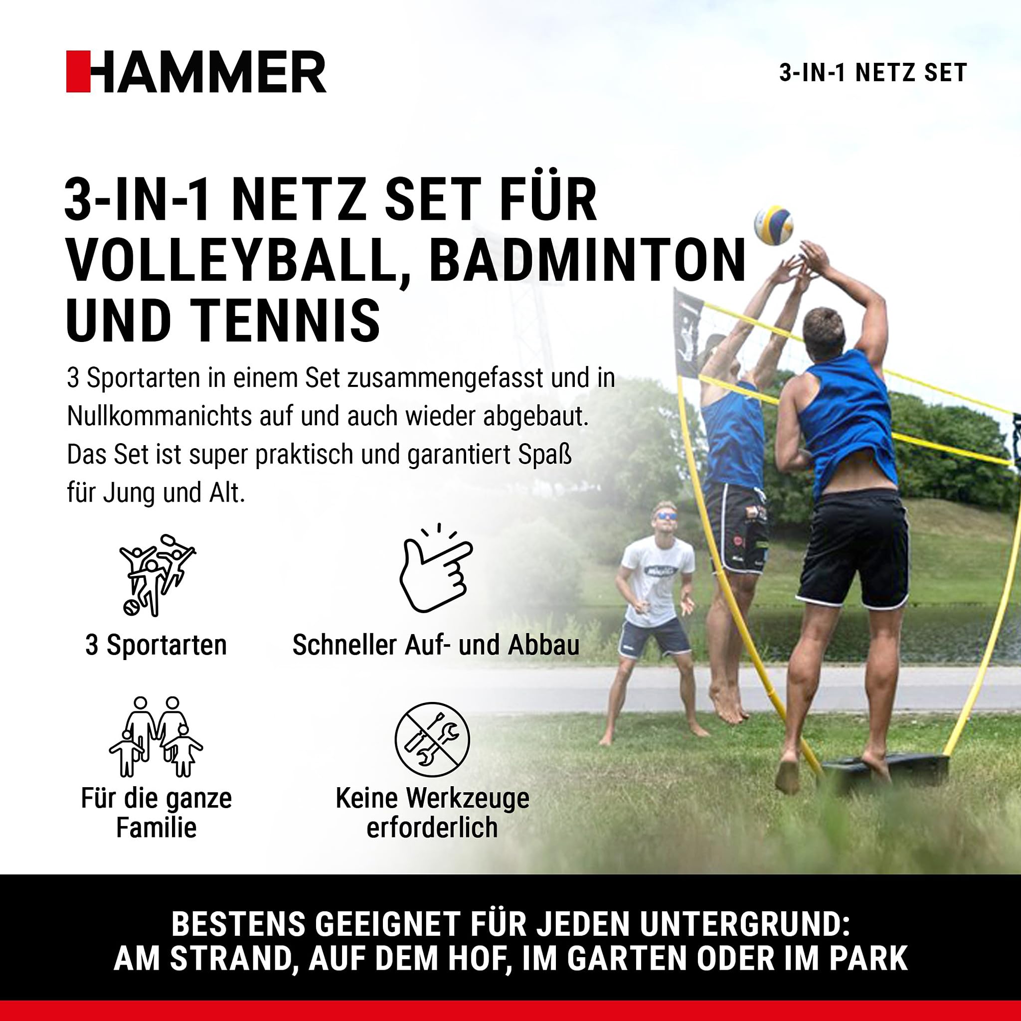 HAMMER 3 in 1 Netz Set für Volleyball, Badminton & Tennis, Spaß für jung und alt, mit Tragekoffer/Pfostenständer, leichter Aufbau, schnell verstaut und leicht transportiert