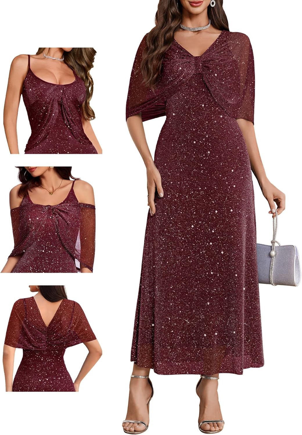 BeryLove Women Sequin Formal Party Dress Sparkly Cocktail Evening Prom Gown Wedding Guest Dresses with Shawl 0033 Burgundy L