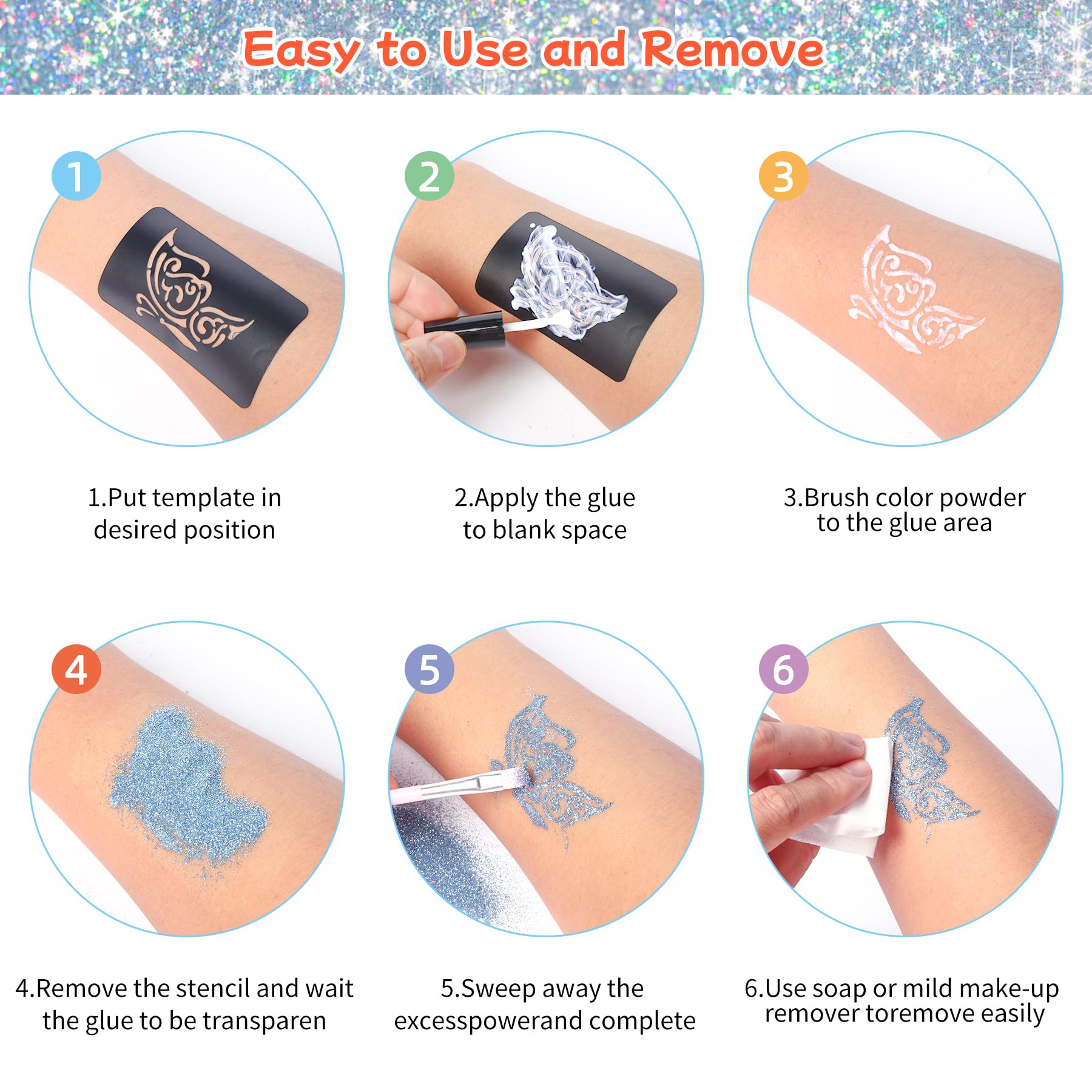 WECUTE Zestaw brokatowych tatuaży, zestaw do makijażu z brokatem, 30 kolorów, 189 szablony, 215 kryształków strasu, tatuaże Skin Friendly Body Flash