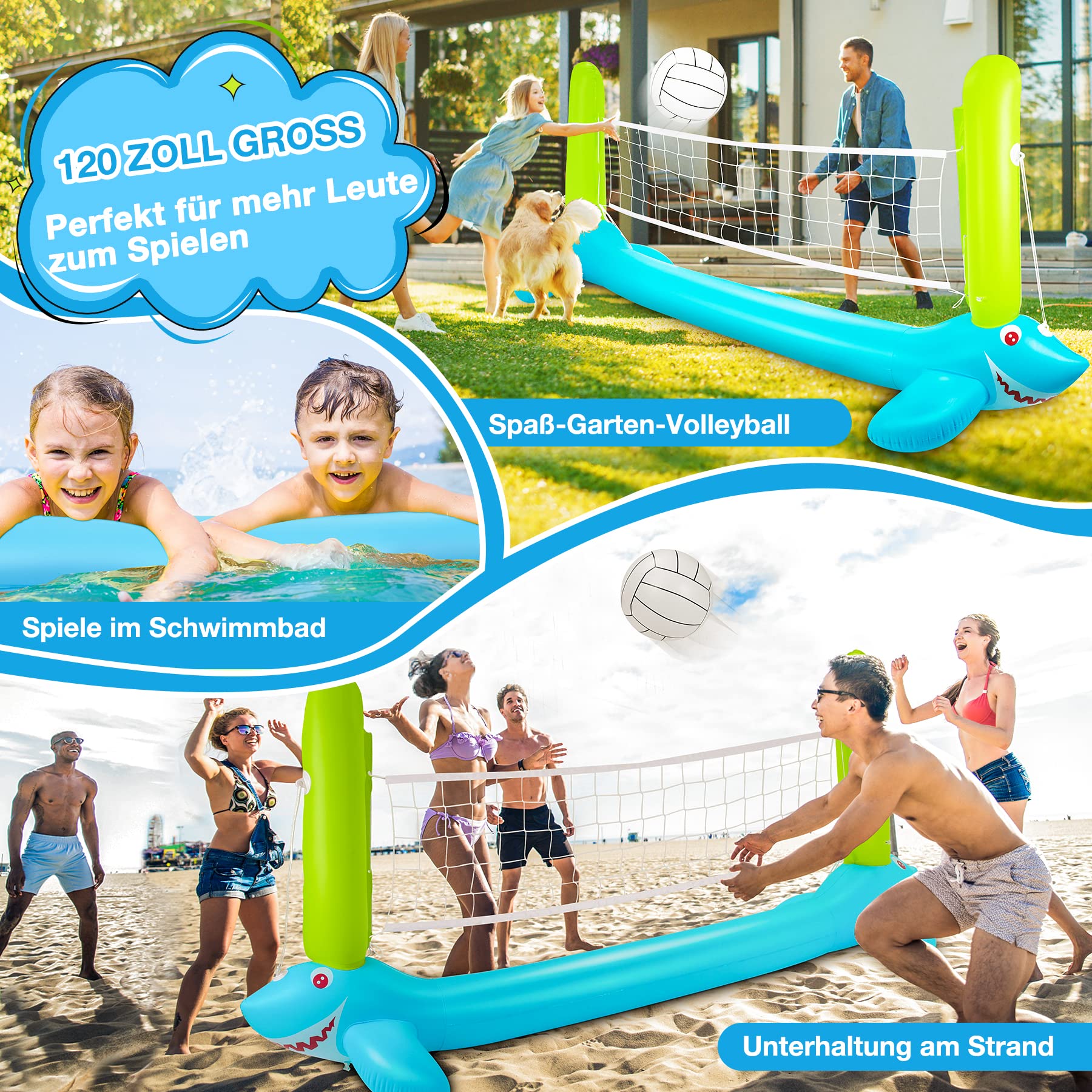 Pool Volleyball Game - 304 Zentimeter Aufblasbare Pool Float Set mit Volleyballnetz und Basketballkörben- Pool Volleyball Spiel für Kinder und Erwachsene (304 x 110 Zentimeter)
