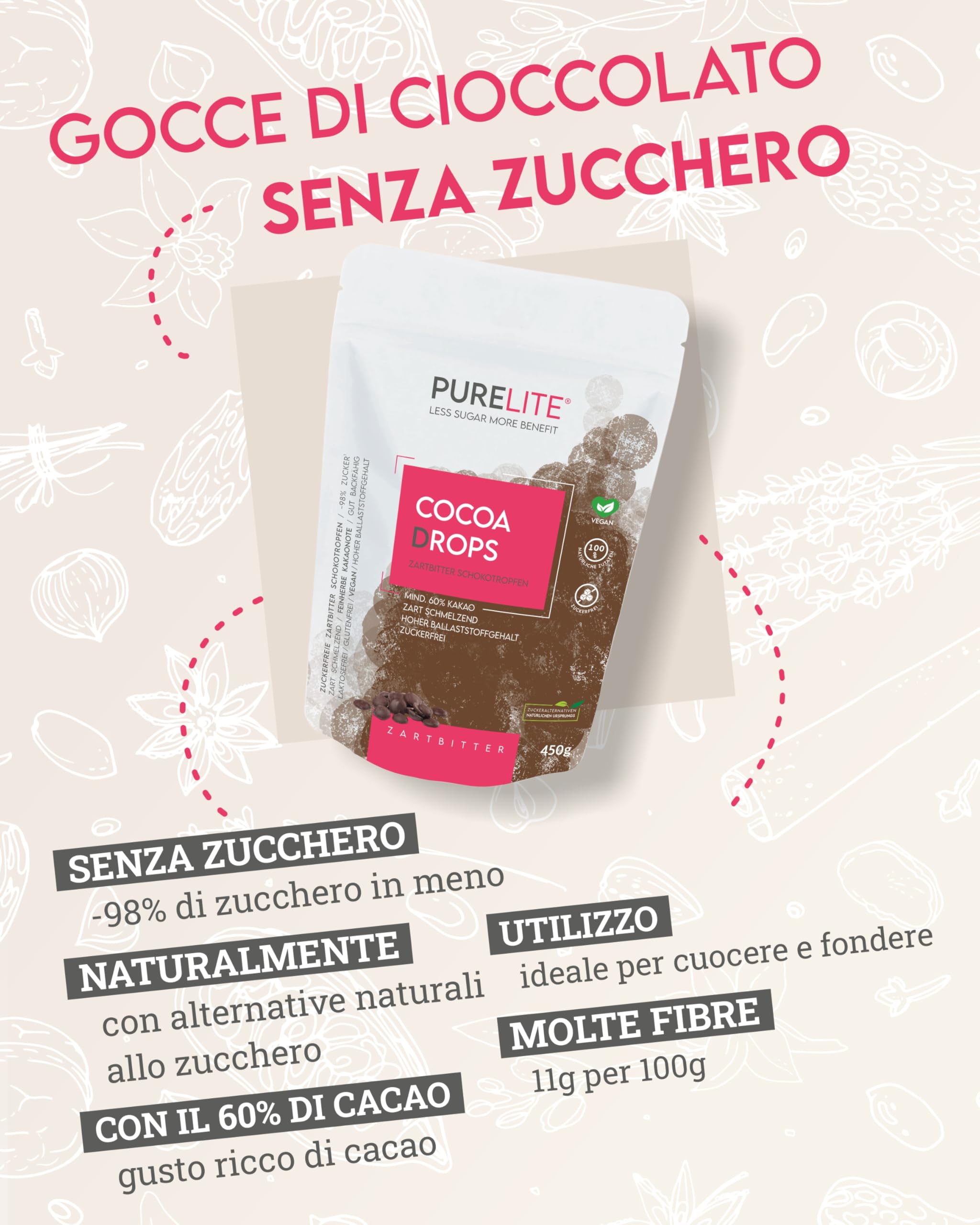 PURELITE Cocoa Drops cioccolato fondente vegan 450g, gocce grandi di cioccolato senza zuccheri aggiunti con eritritolo e stevia, senza retrogusto, attente alle calorie, min. 60% cacao