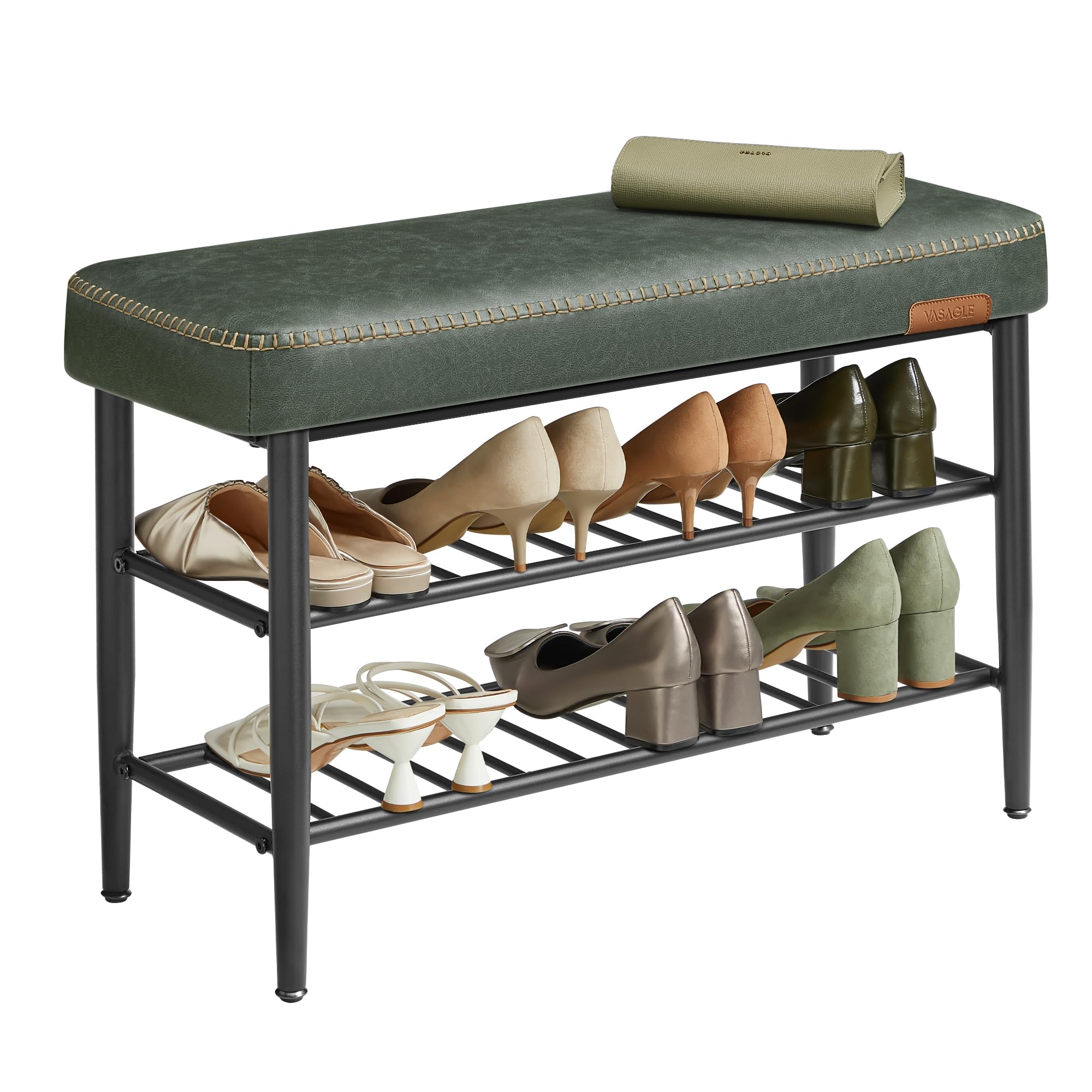 VASAGLE EKHO Collection - Shoe Rack Bench, Storage Bench for Entryway, Synthetic Leather with Stitching, Mid-Century Modern, Loads 300 lb, 11.8 x 31.5 x 19.7 Inches, Forest Green ULSB054C01