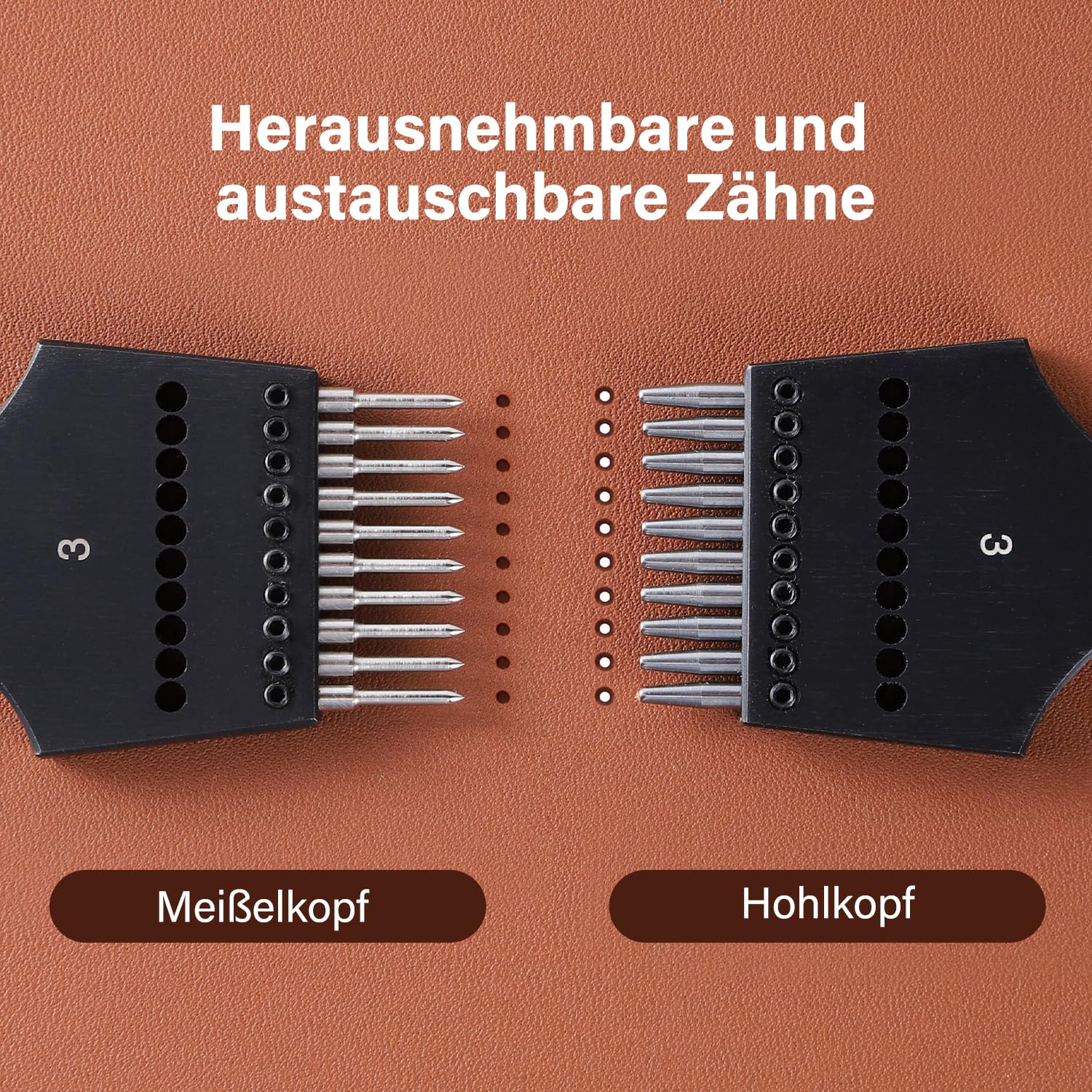WUTA 2. Generation Leder Zinken Stanze Set mit Austauschbarem Meißelkopf & Runden Hohlkopf- DIY Lederverarbeitung Set(4mm-2+4+6)