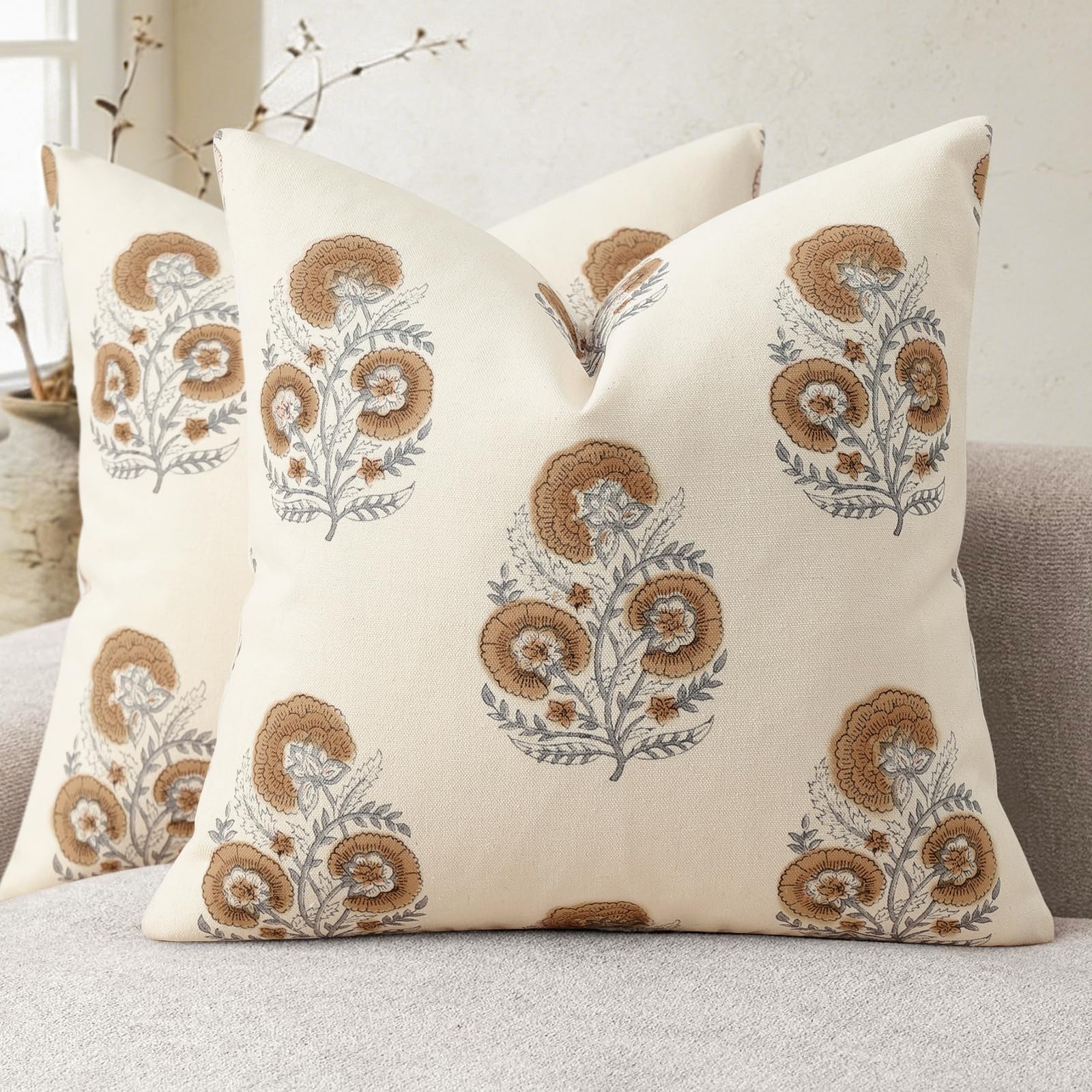 YCOLL Vintage Floral Print Cushion Covers 40x40 Set of 2 Patterned Accent Sofa Cushions Modern Farmhouse Decorative Cushions for Sofa Chair Bed Living Room Home Decor Cognac Brown